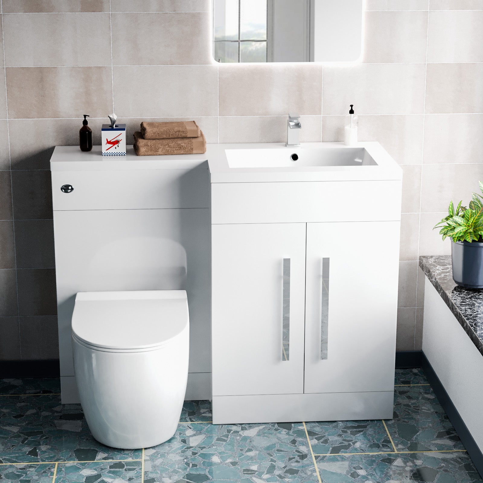 Aric White Flat Pack Right Hand Vanity Basin Unit, Rimless Back To Wall Toilet, WC Unit