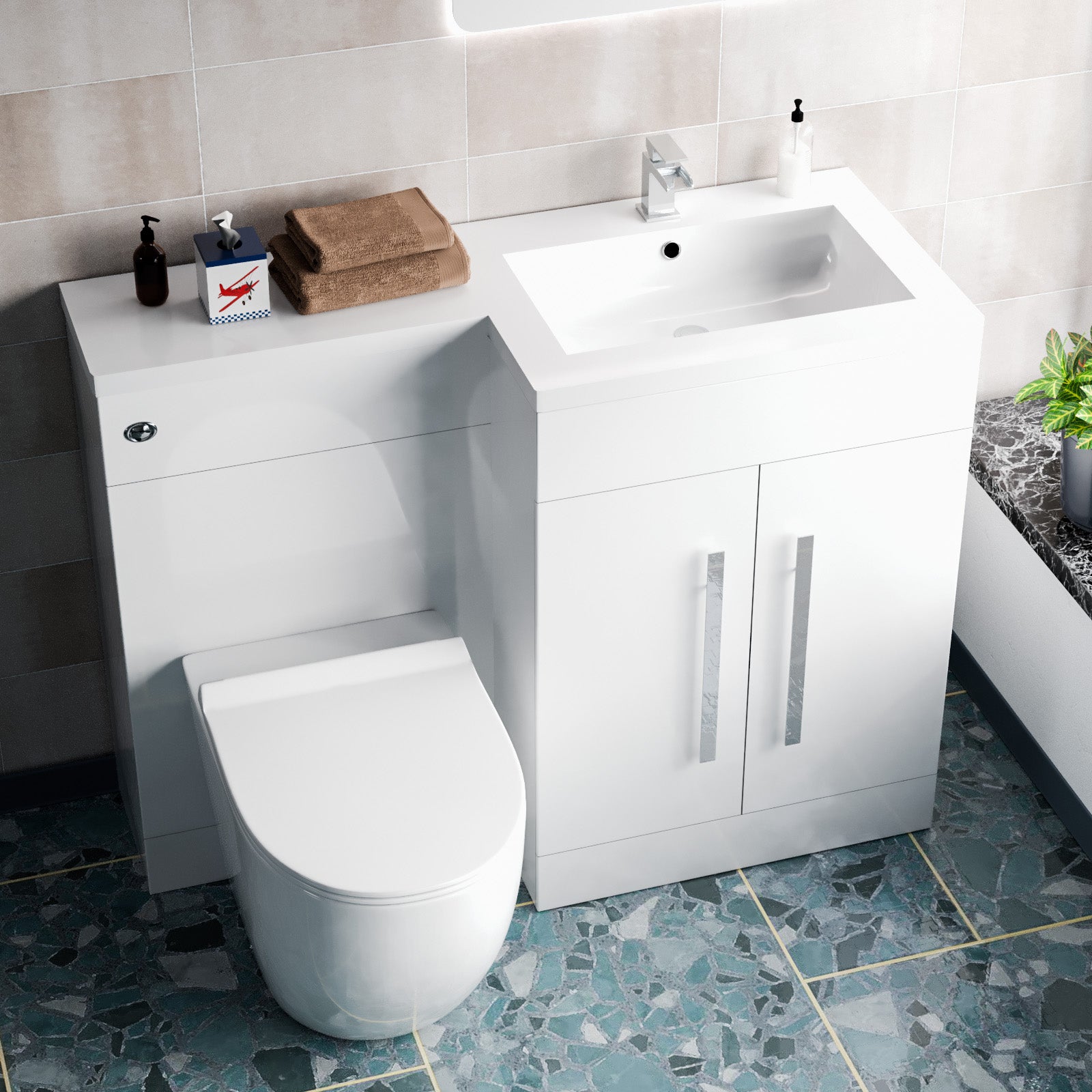 Aric White Flat Pack Right Hand Vanity Basin Unit, Rimless Back To Wall Toilet, WC Unit