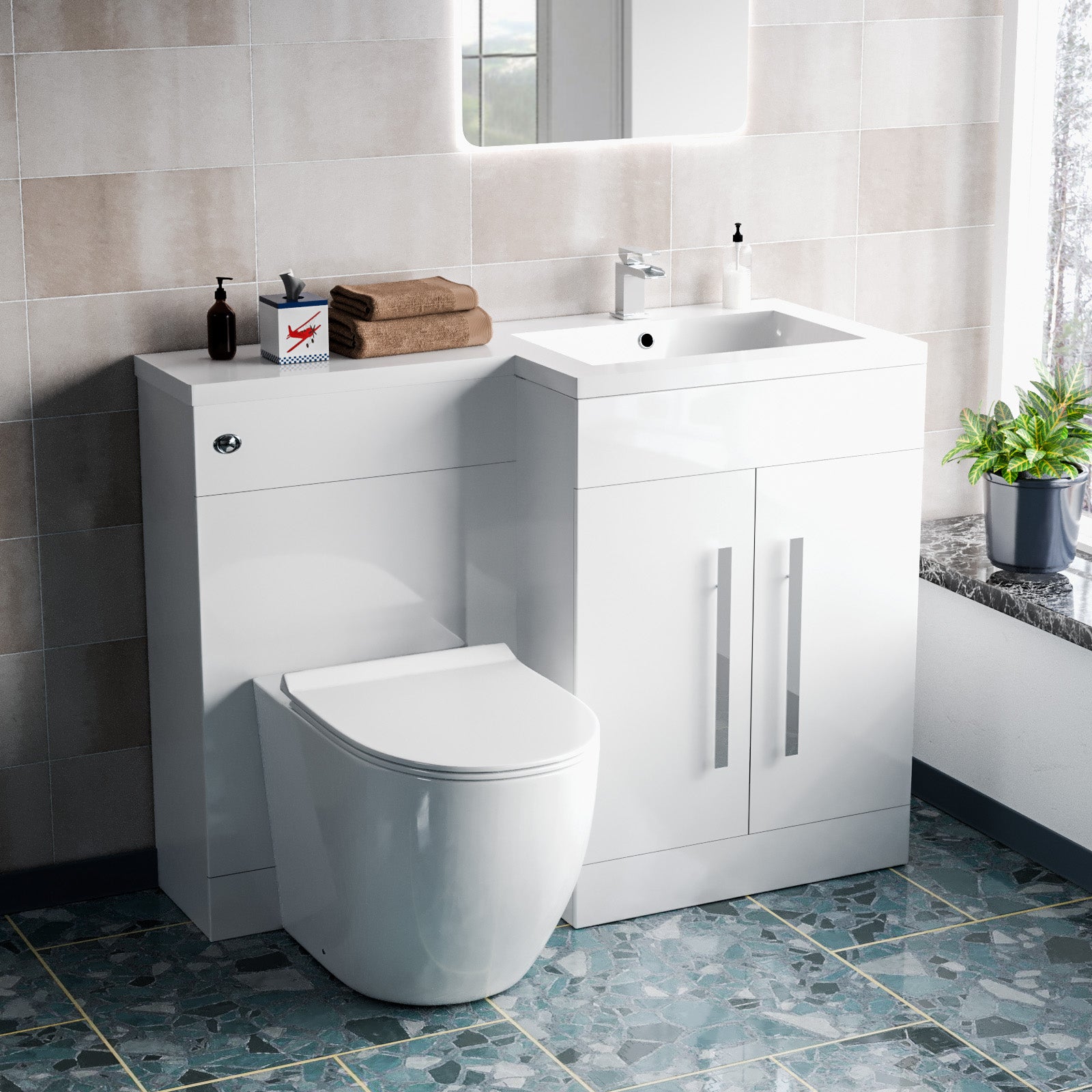 Aric White Right Hand Vanity Basin Unit, WC and Back To Wall Toilet