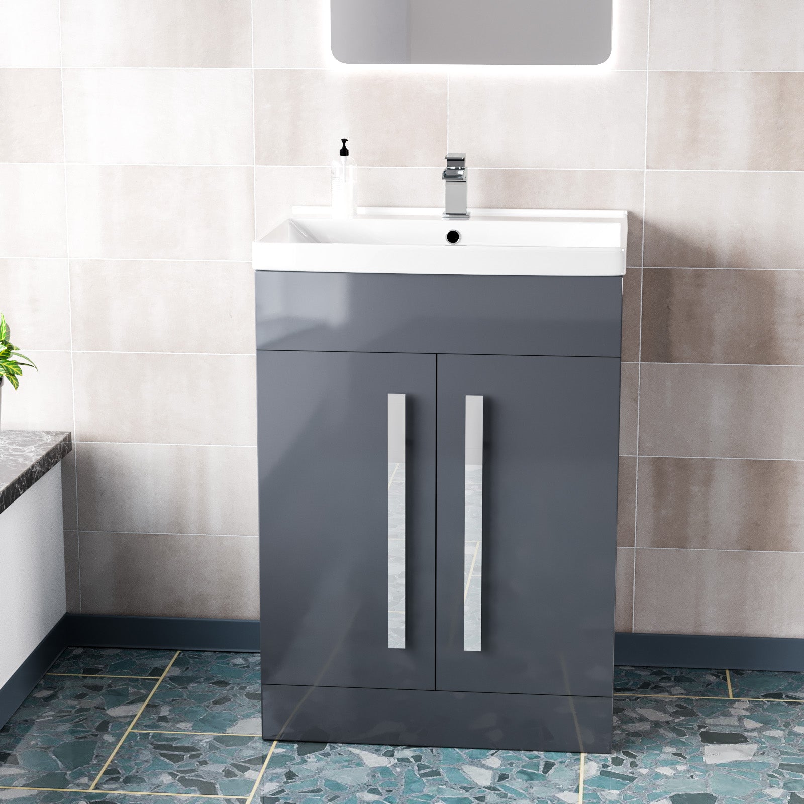 Dark Grey 600mm Gloss Bathroom Basin Sink Cabinet & Ceramic Basin Flat Pack