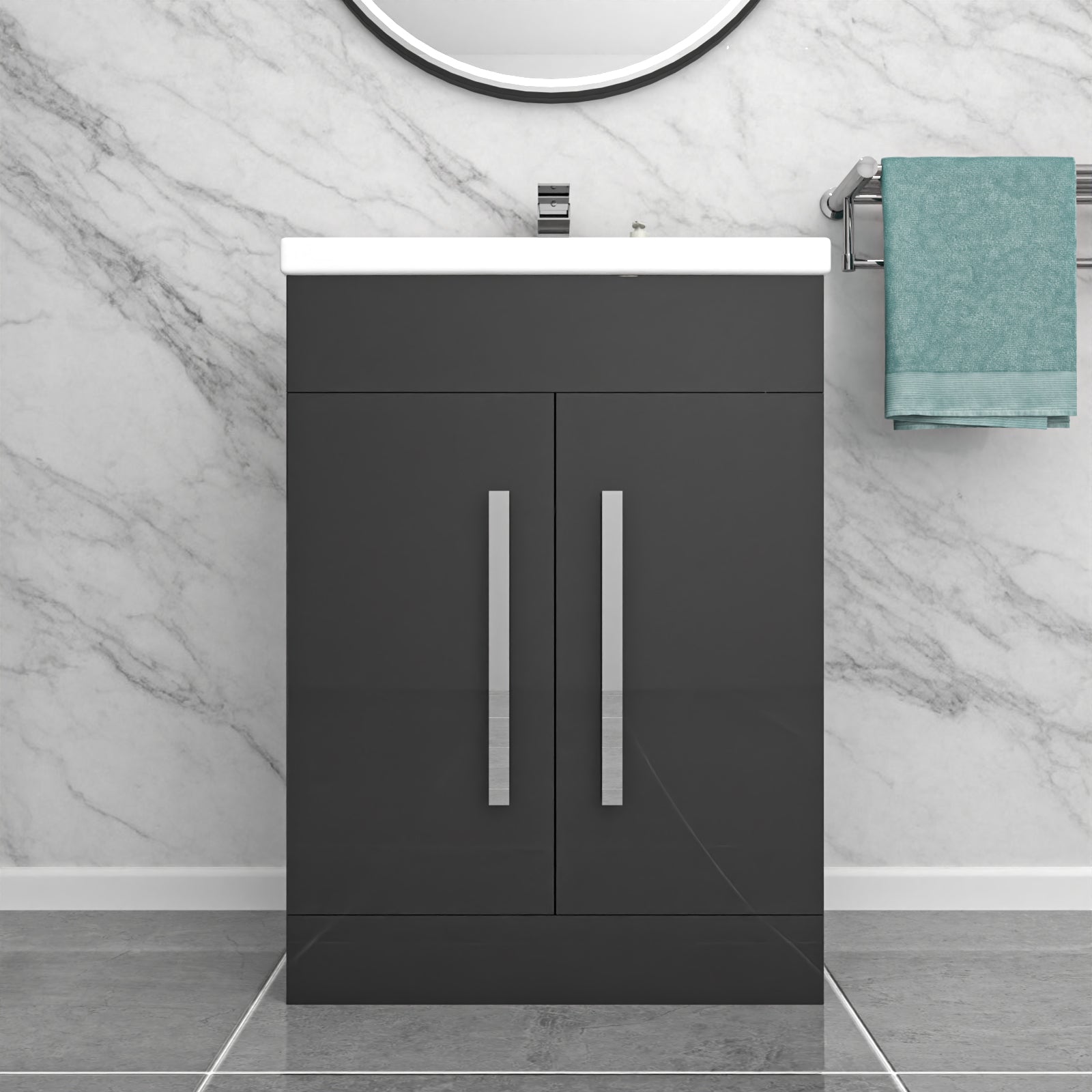 Dark Grey 600mm Gloss Bathroom Basin Sink Cabinet & Ceramic Basin