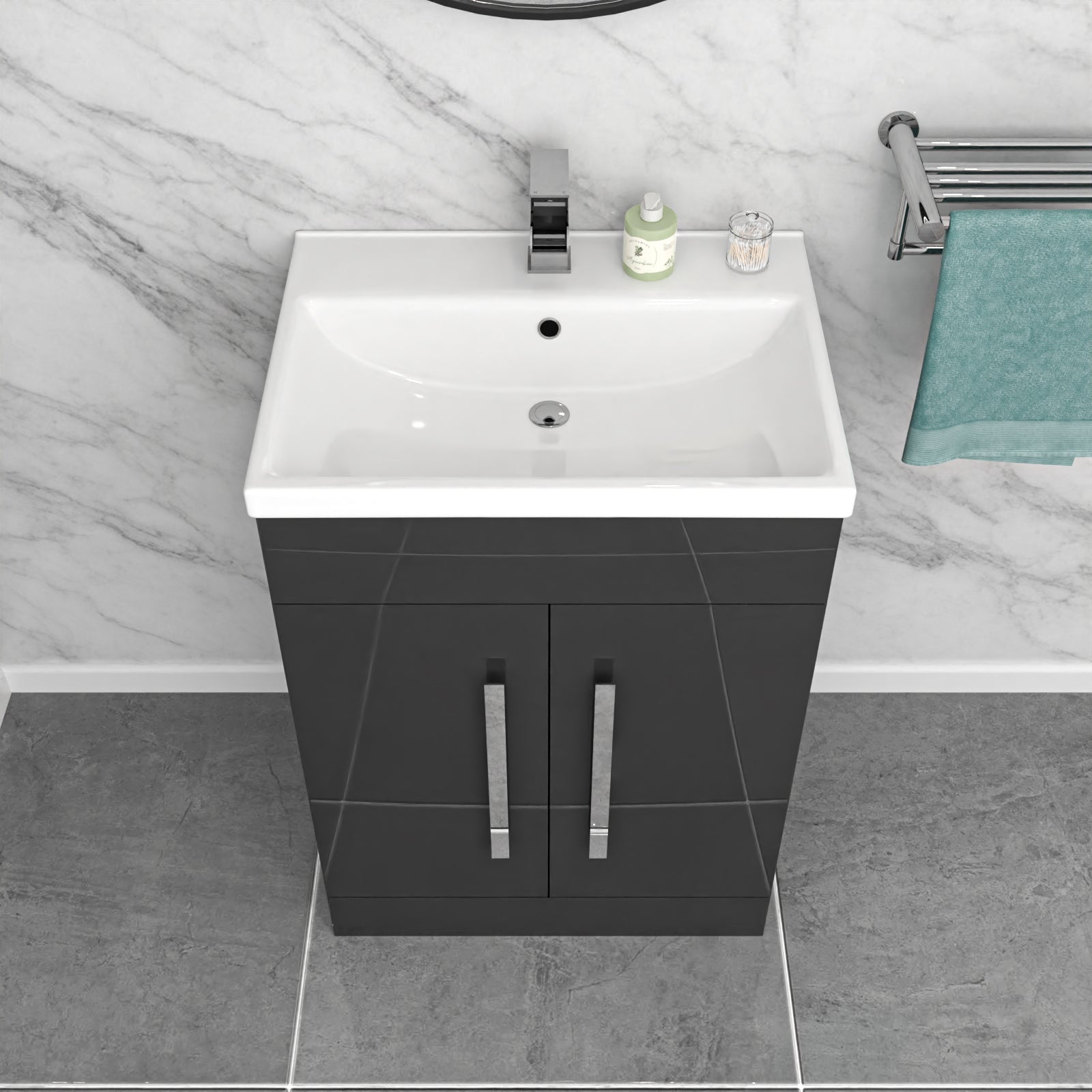 Dark Grey 600mm Gloss Bathroom Basin Sink Cabinet & Ceramic Basin