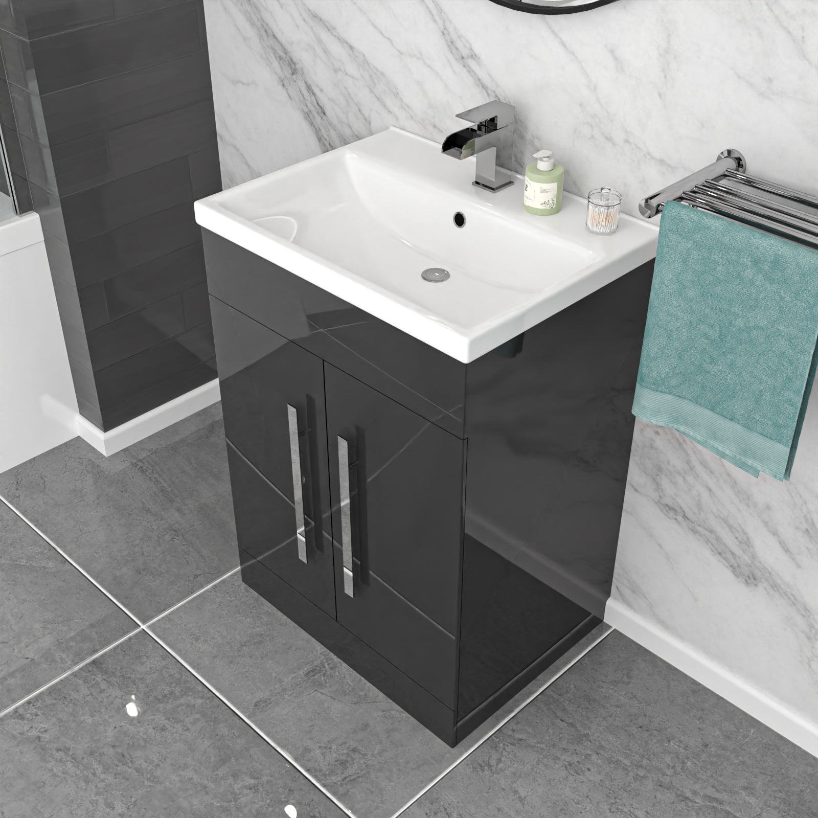 Dark Grey 600mm Gloss Bathroom Basin Sink Cabinet & Ceramic Basin