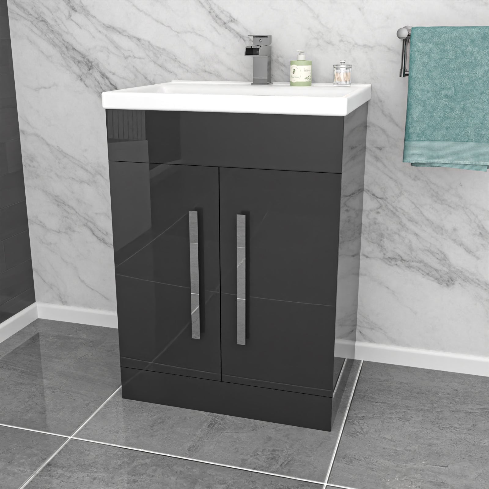 Dark Grey 600mm Gloss Bathroom Basin Sink Cabinet & Ceramic Basin