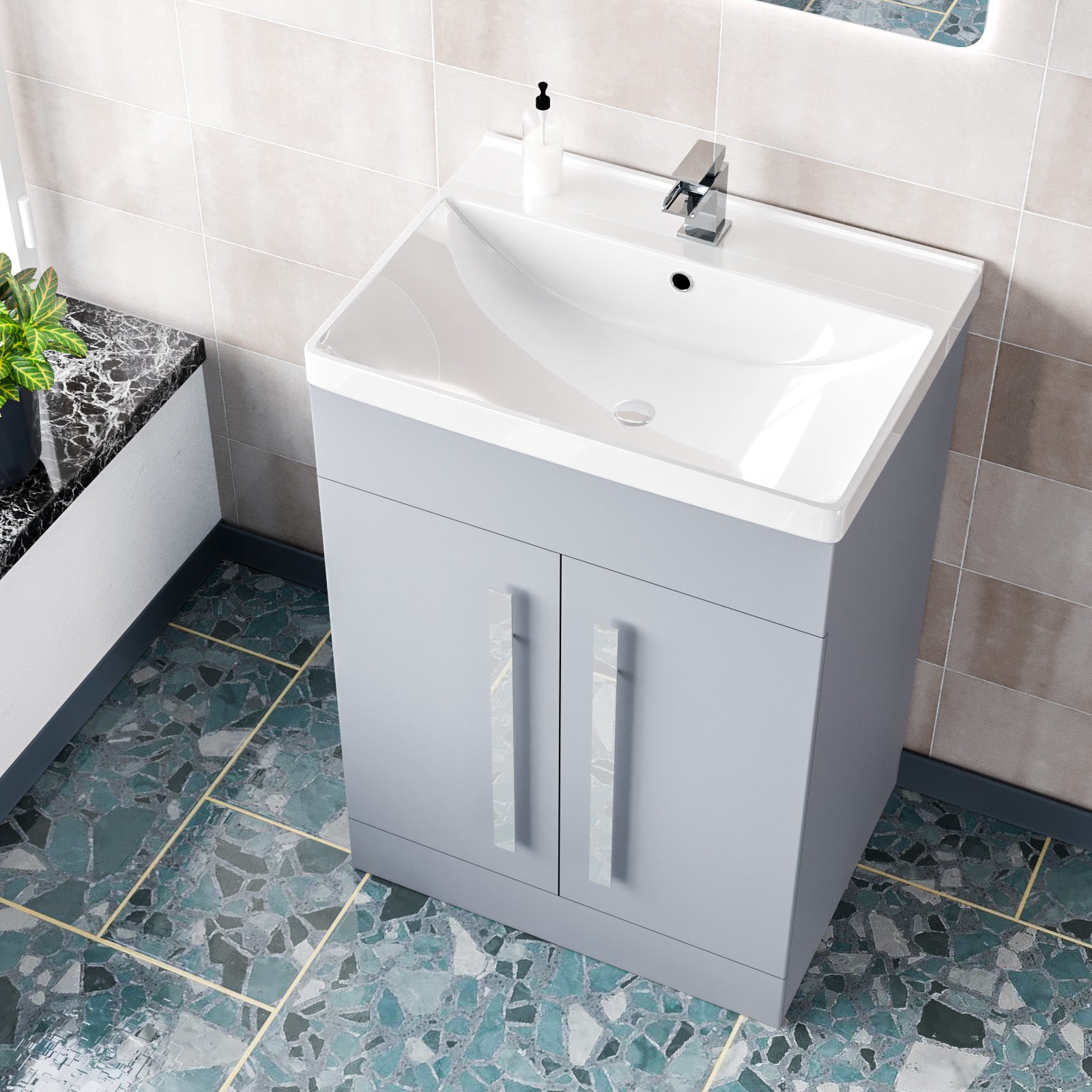 Matte Grey 600mm Bathroom Basin Sink Cabinet & Ceramic Basin Flat Pack