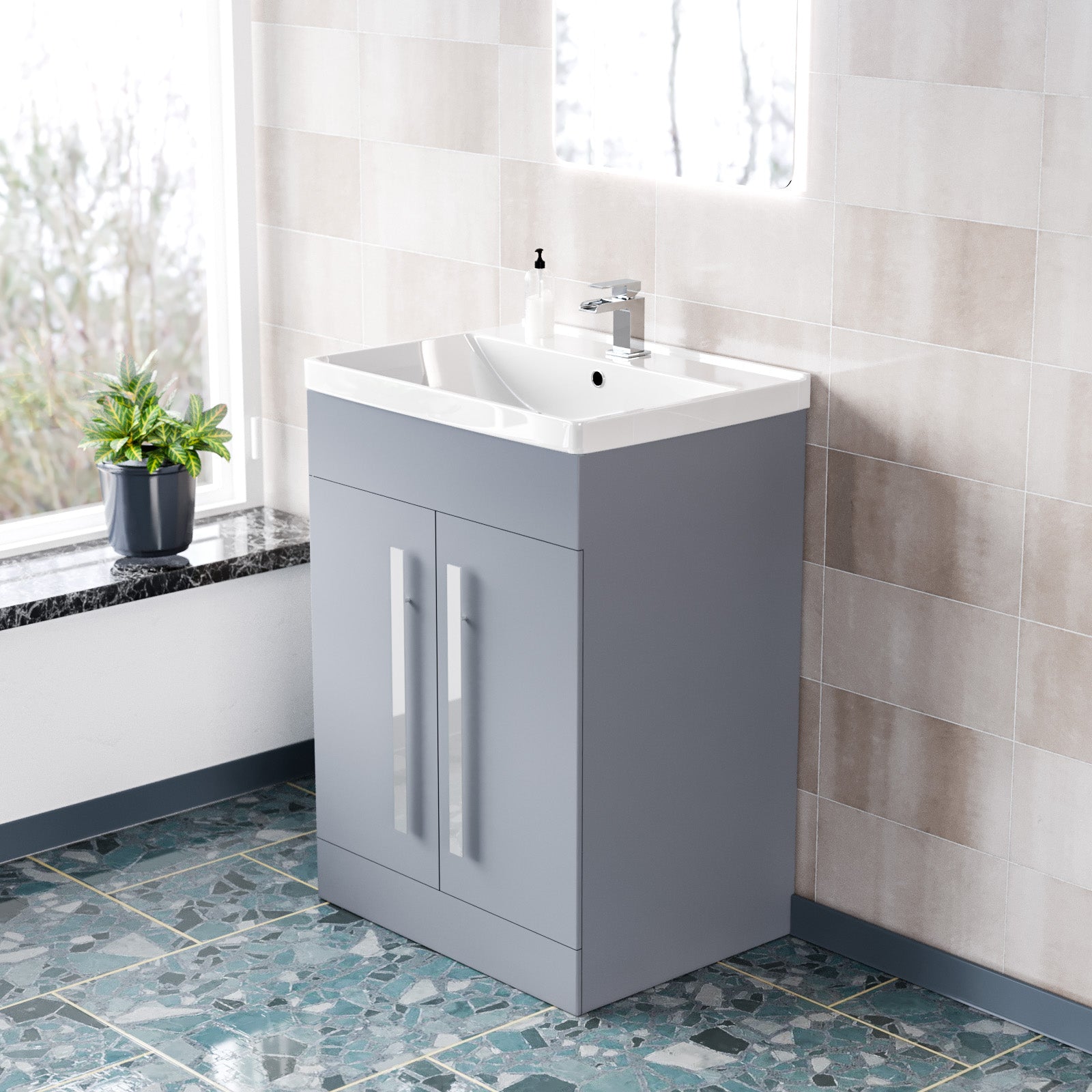 Matte Grey 600mm Bathroom Basin Sink Cabinet & Ceramic Basin Flat Pack