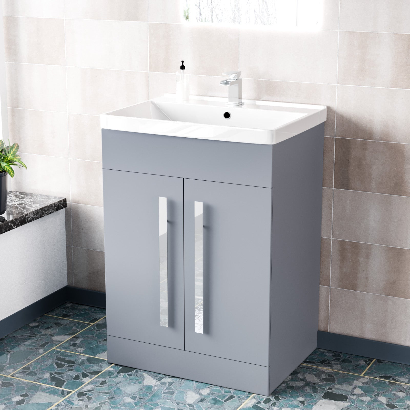 Matte Grey 600mm Bathroom Basin Sink Cabinet & Ceramic Basin Flat Pack