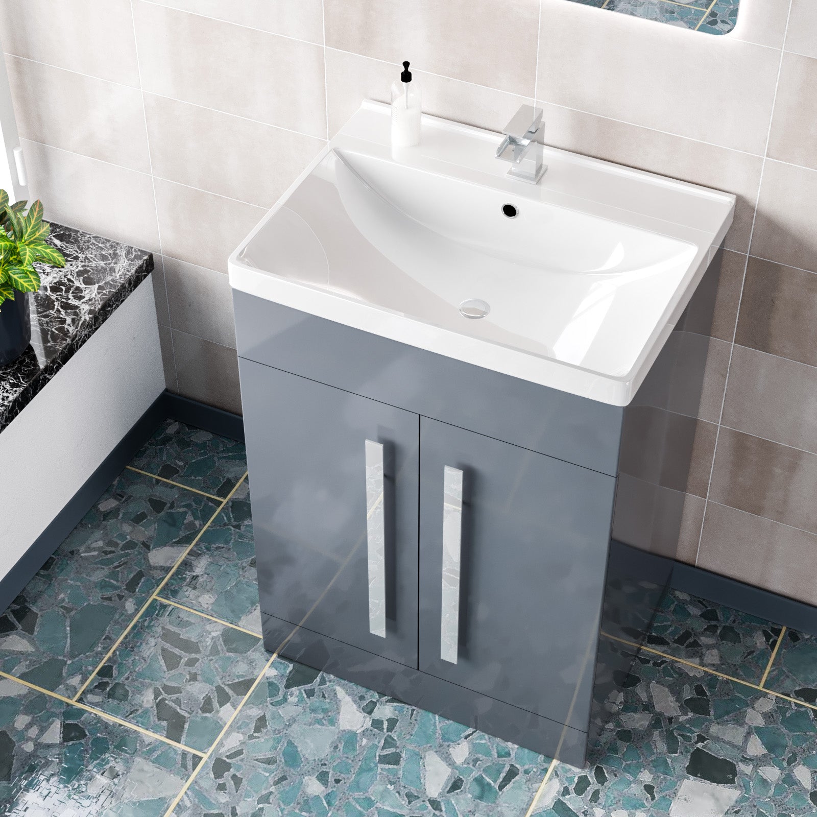 Grey 600mm Gloss Bathroom Basin Sink Cabinet & Ceramic Basin Flat Pack