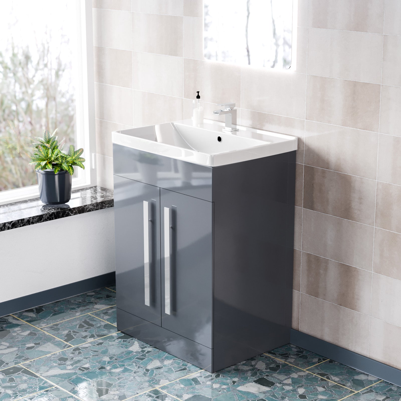 Grey 600mm Gloss Bathroom Basin Sink Cabinet & Ceramic Basin Flat Pack