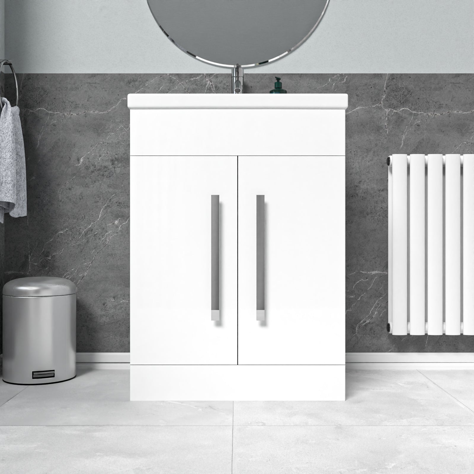 White 600mm Gloss Bathroom Basin Sink Cabinet & Ceramic Basin