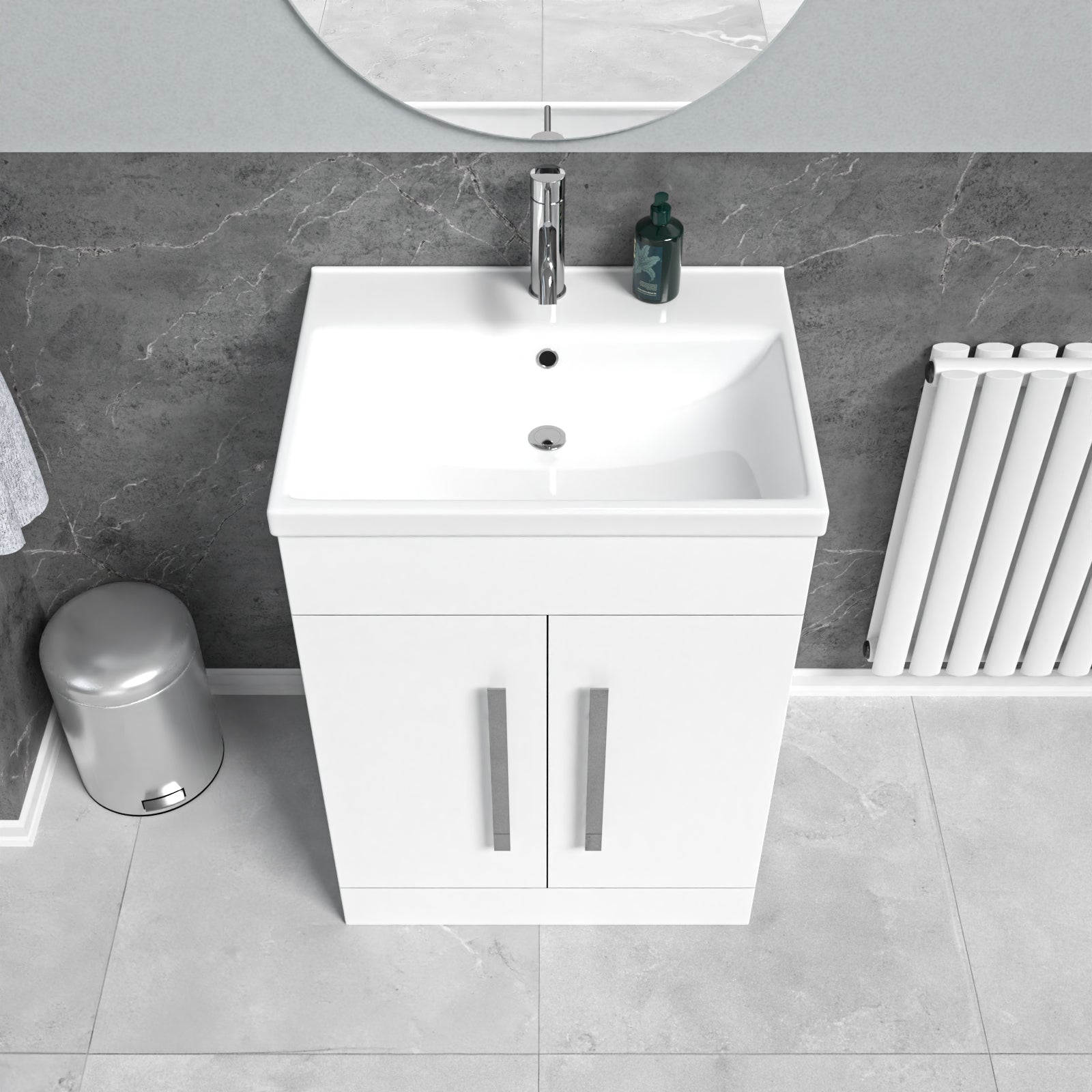 White 600mm Gloss Bathroom Basin Sink Cabinet & Ceramic Basin