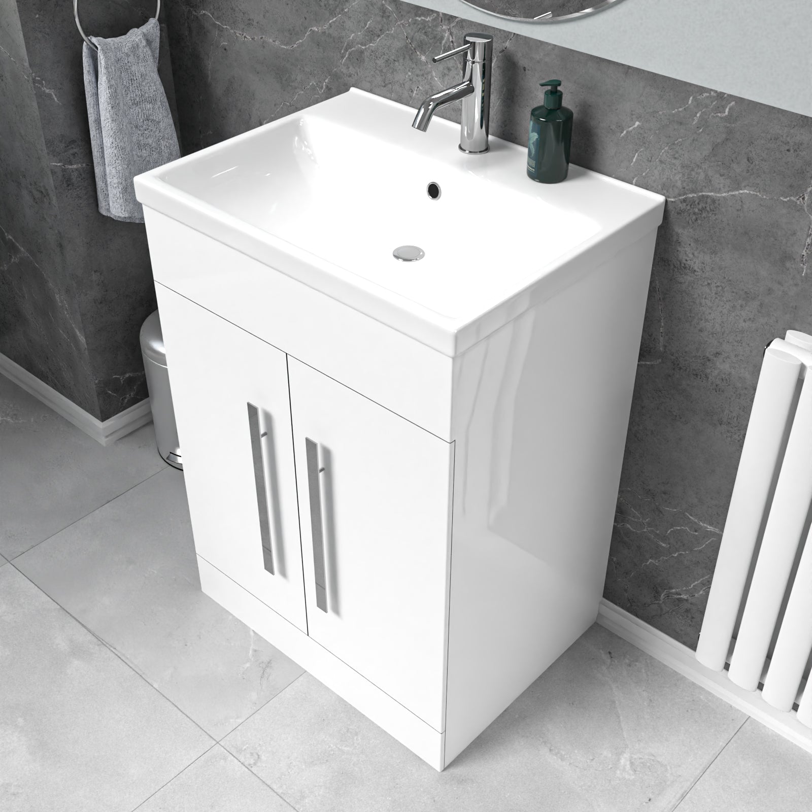 White 600mm Gloss Bathroom Basin Sink Cabinet & Ceramic Basin