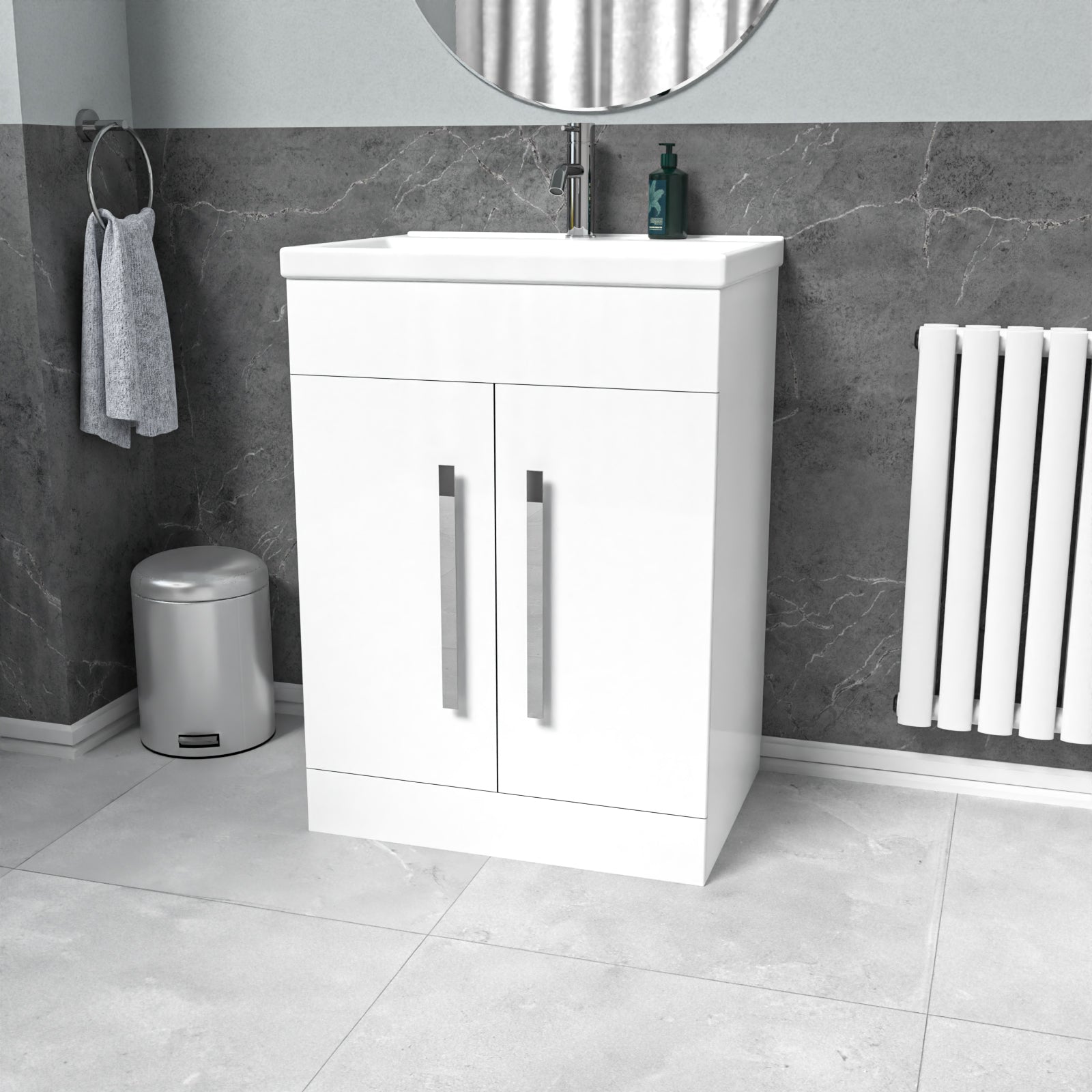 White 600mm Gloss Bathroom Basin Sink Cabinet & Ceramic Basin