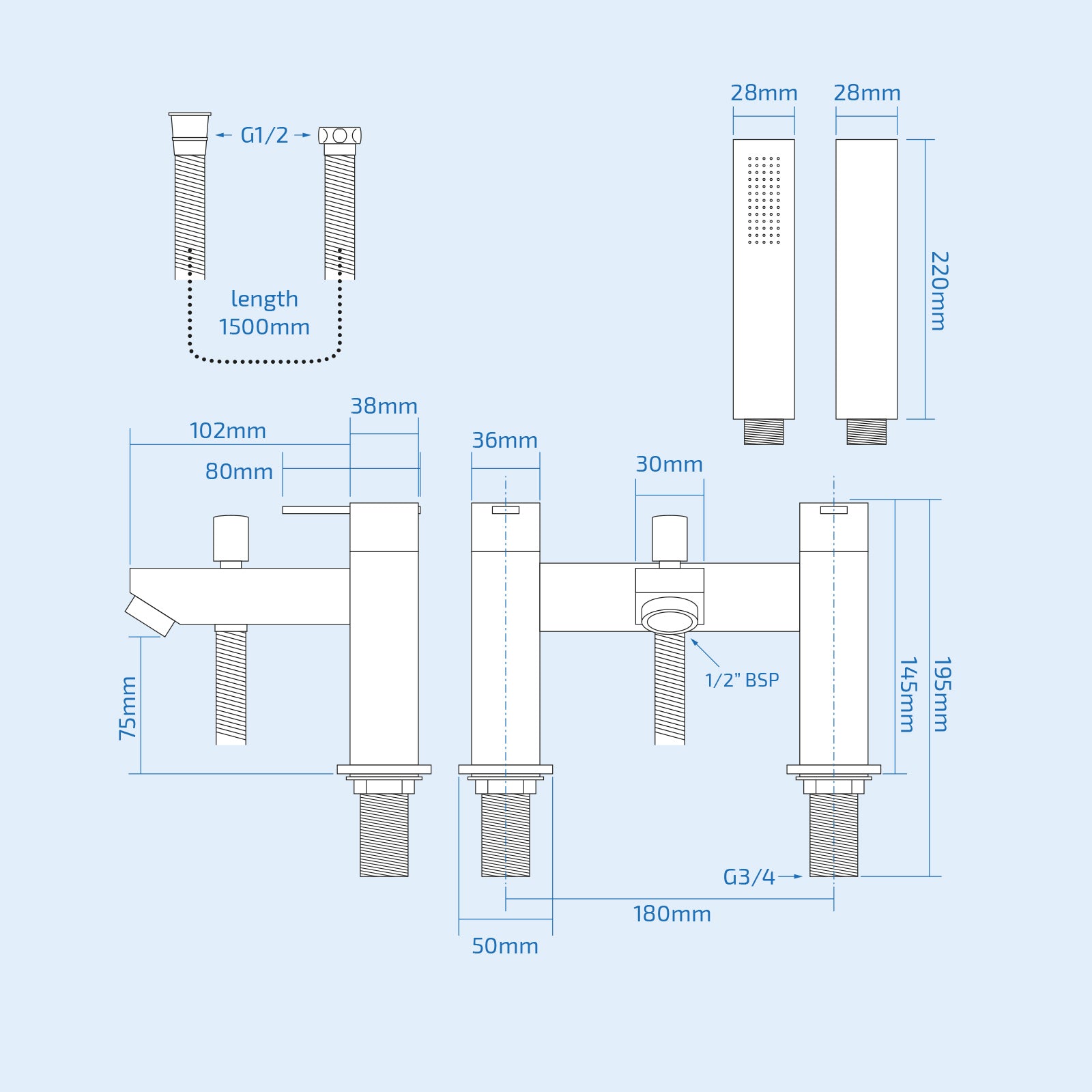 Austin Design Deck Mounted Bath Shower Mixer Tap With Handset Kit