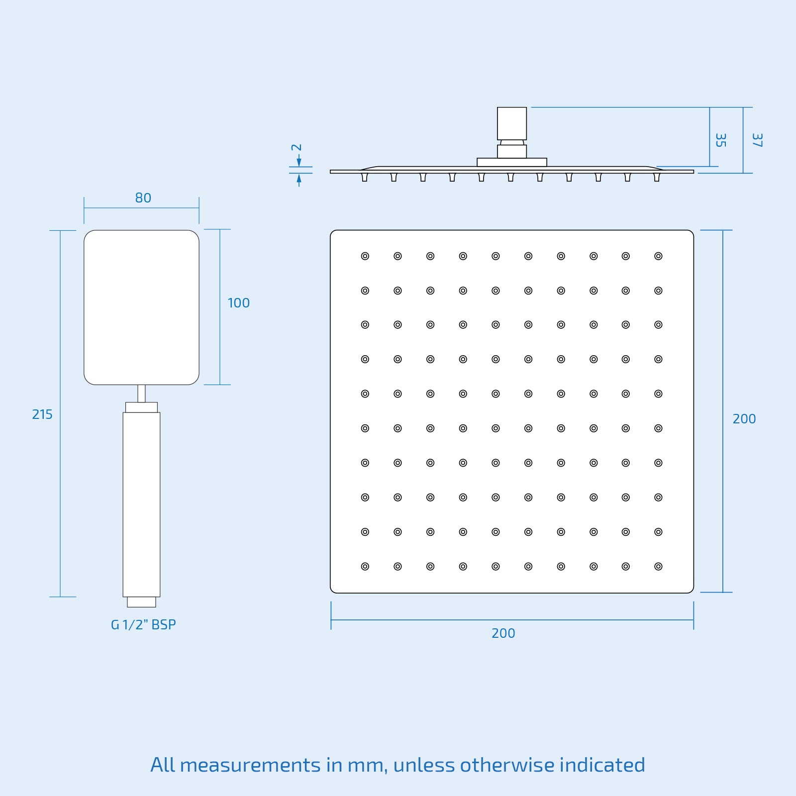 Olive Square 3 Way Concealed Thermostatic Shower Mixer Valve, Ceiling Shower Head, Handset, 4x Body Jets Set Chrome