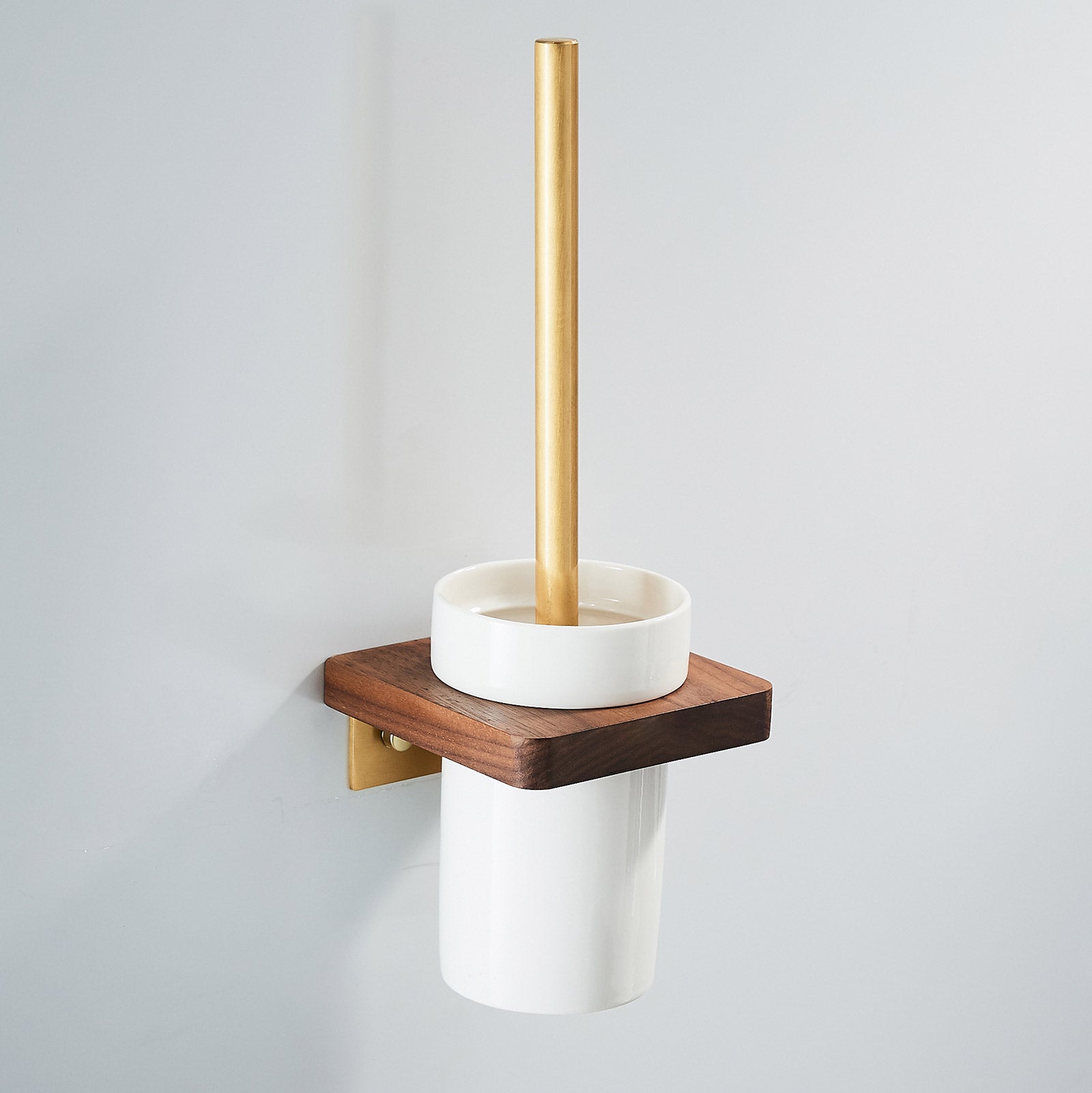 Abloh Luxury Toilet Brush, Holder and Ceramic Bowl Wooden Walnut & Gold