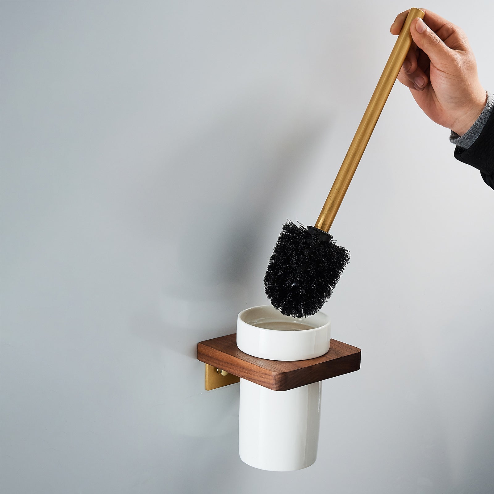 Abloh Luxury Toilet Brush, Holder and Ceramic Bowl Wooden Walnut & Gold
