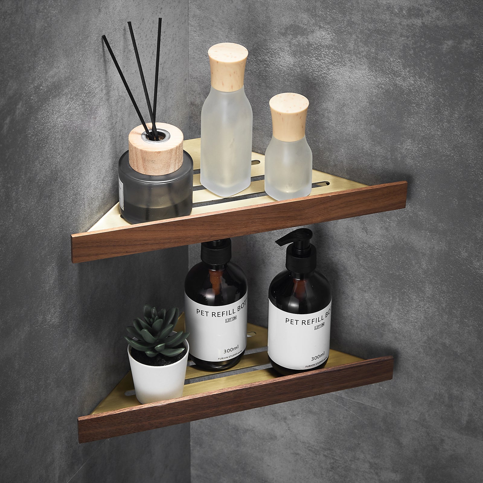 Abloh Luxury Corner Shelf Wooden Walnut & Gold