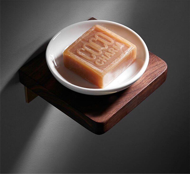 Abloh Luxury Ceramic Soap dish with Shelf Wooden Walnut & Brushed Gold