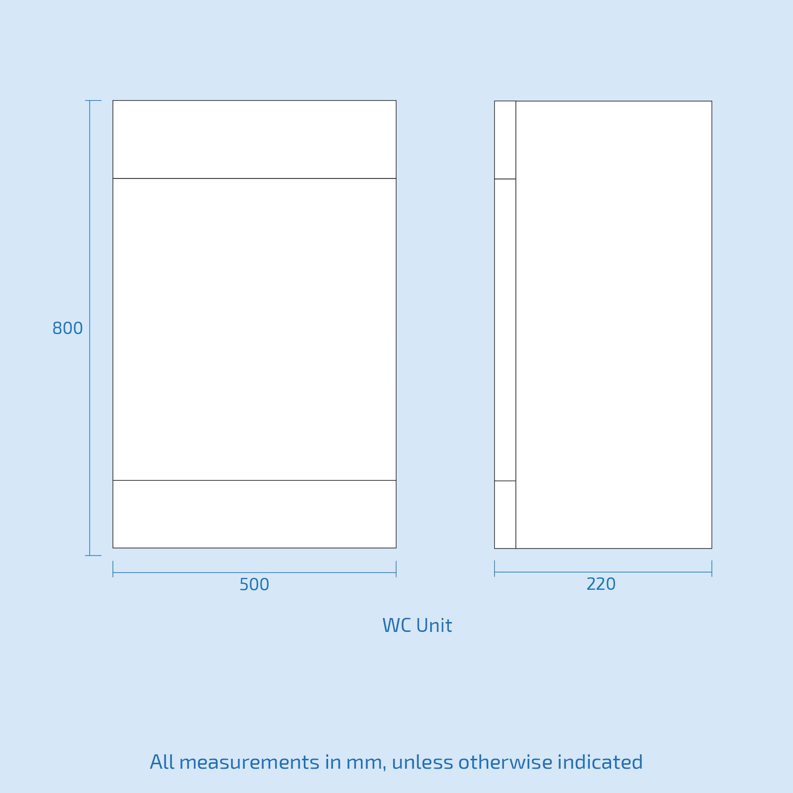 Measurement chart for a WC unit with dimensions labeled in millimeters.