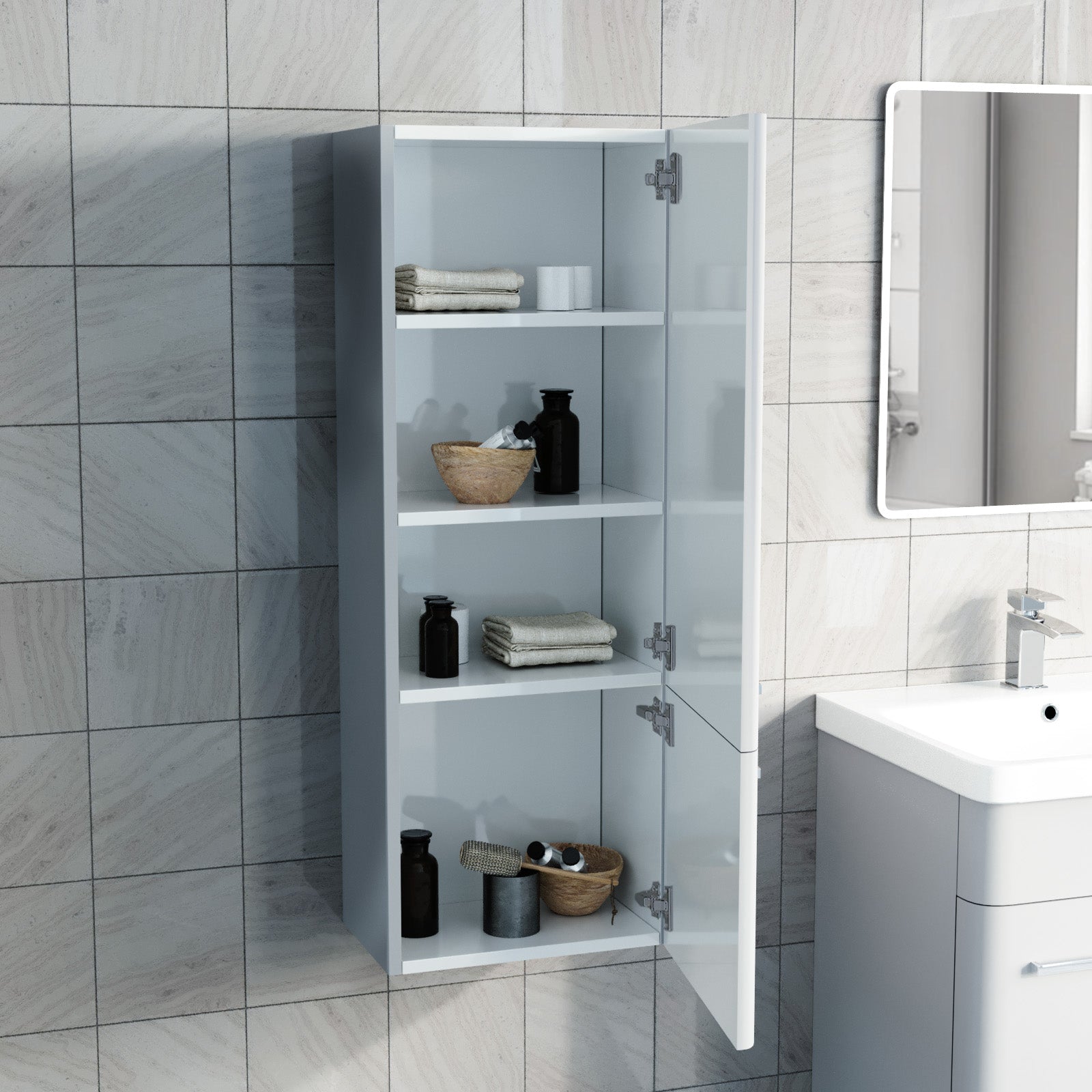Afern Contemporary 1000mm Wall Hung Tall Cabinet - Grey