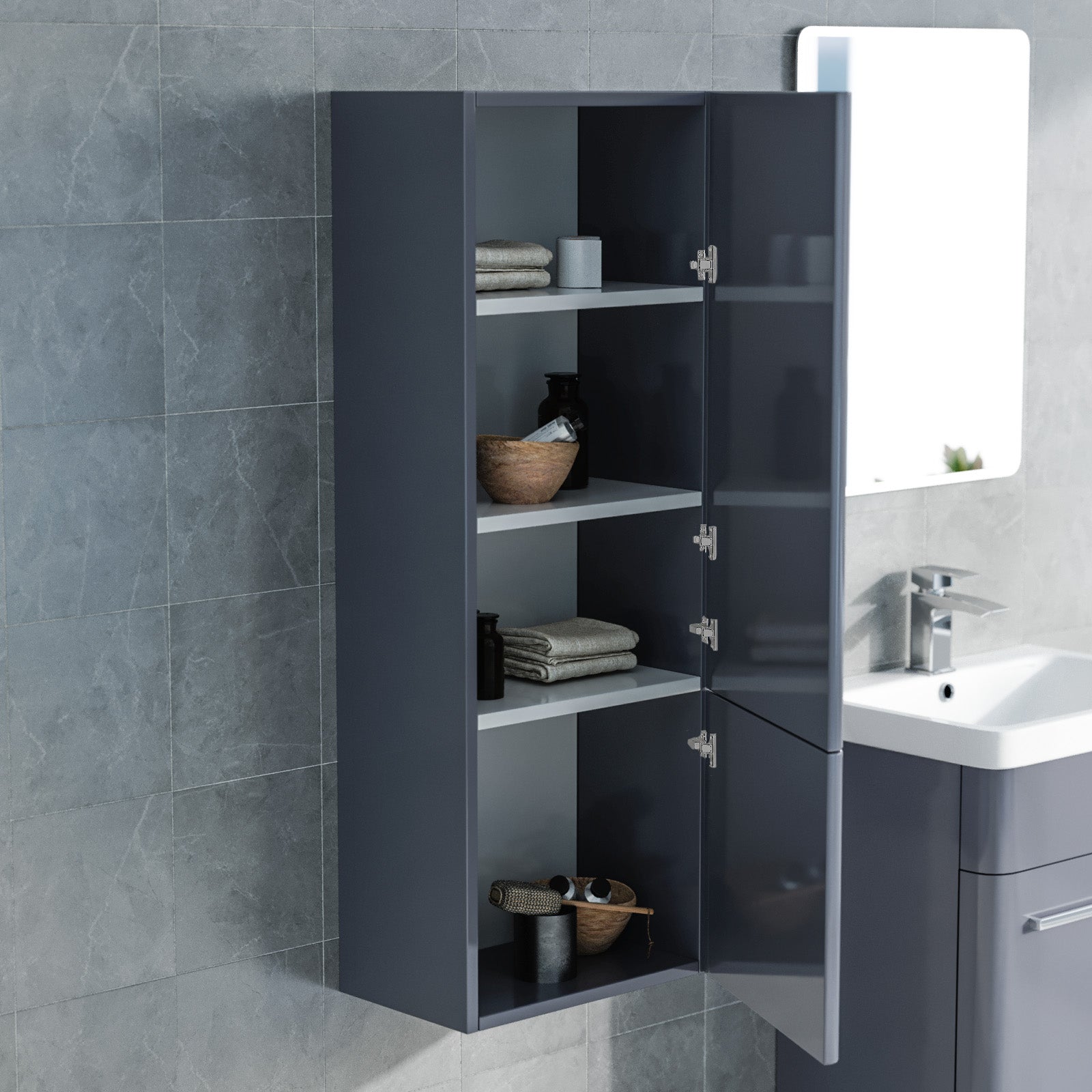 350mm Grey Wall Hung Tall Storage Cabinet With Adjustable Shelves