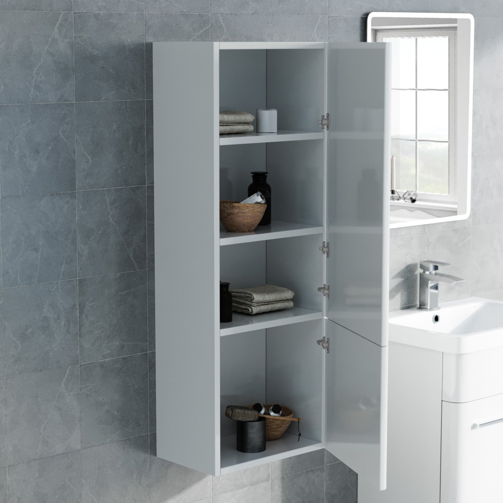 350mm White Wall Hung Tall Storage Cabinet With Adjustable Shelves