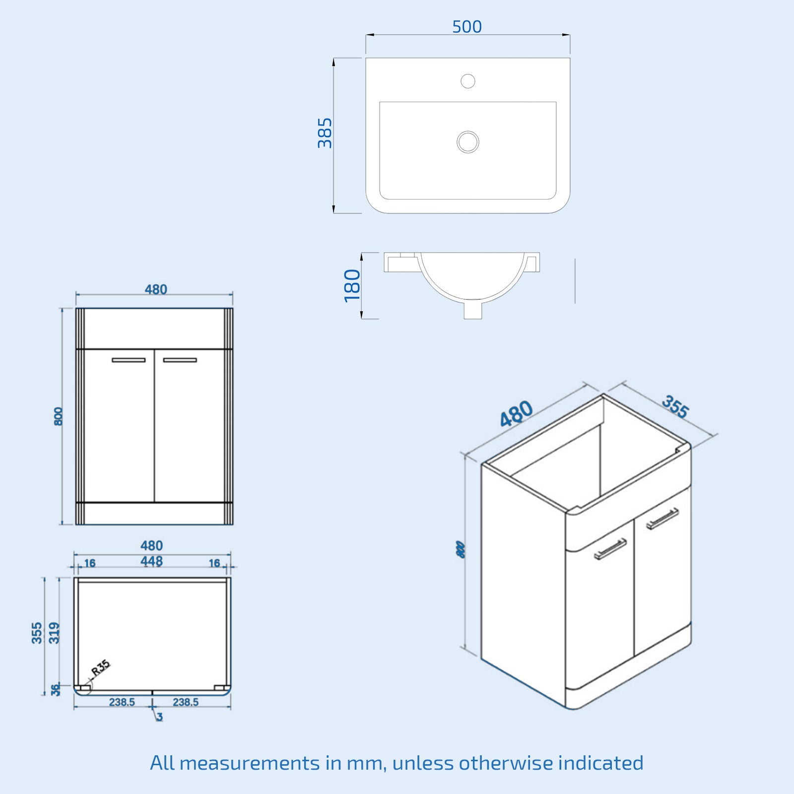 Afern 500mm Freestanding Vanity Unit with Basin,Rimless Toilet, WC unit Royal Blue