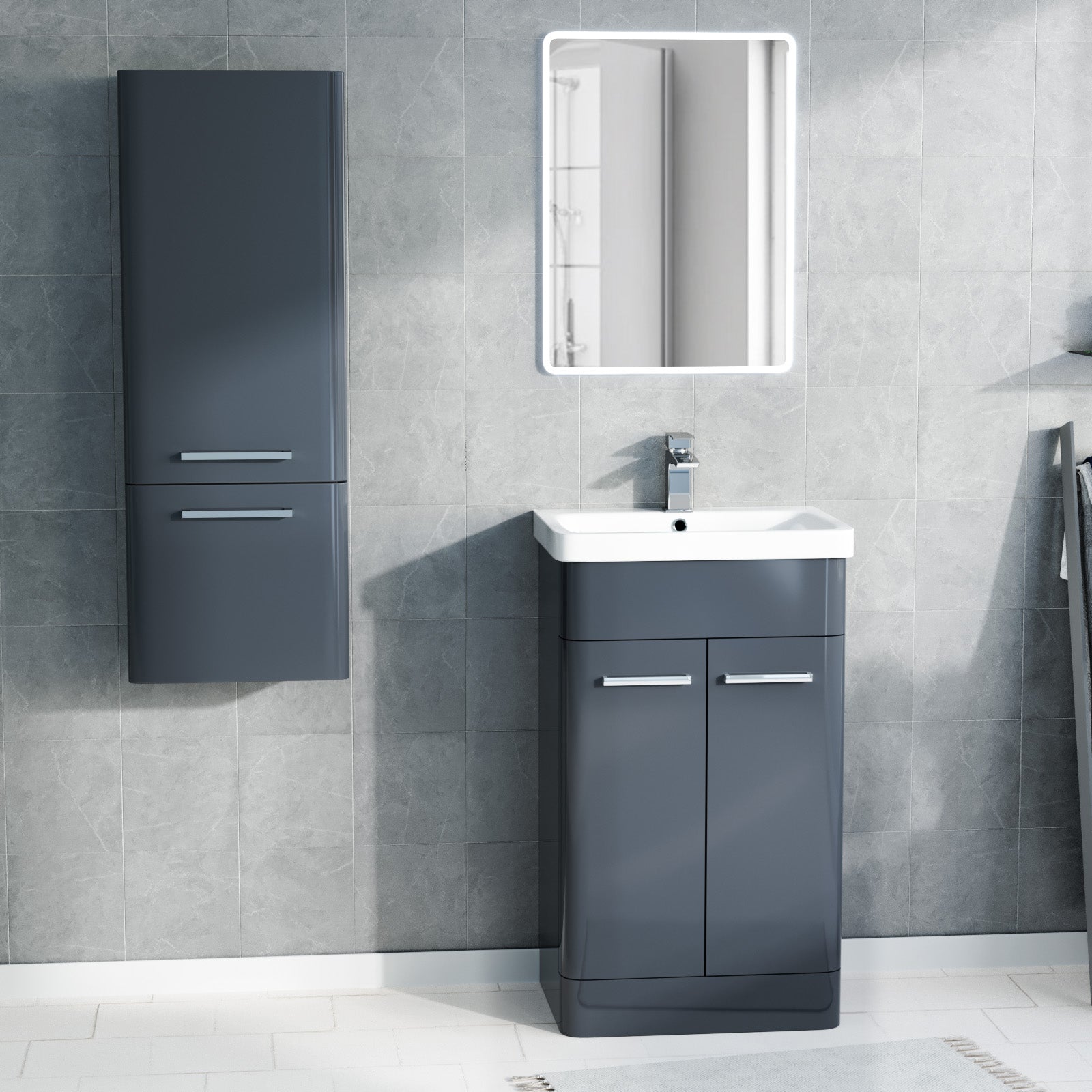 500mm Freestanding Dark Grey Basin Vanity, 350mm Wall Hung Tall Cabinet