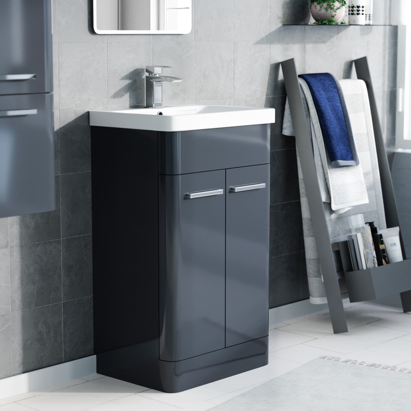 500mm Freestanding Dark Grey Basin Vanity, 350mm Wall Hung Tall Cabinet