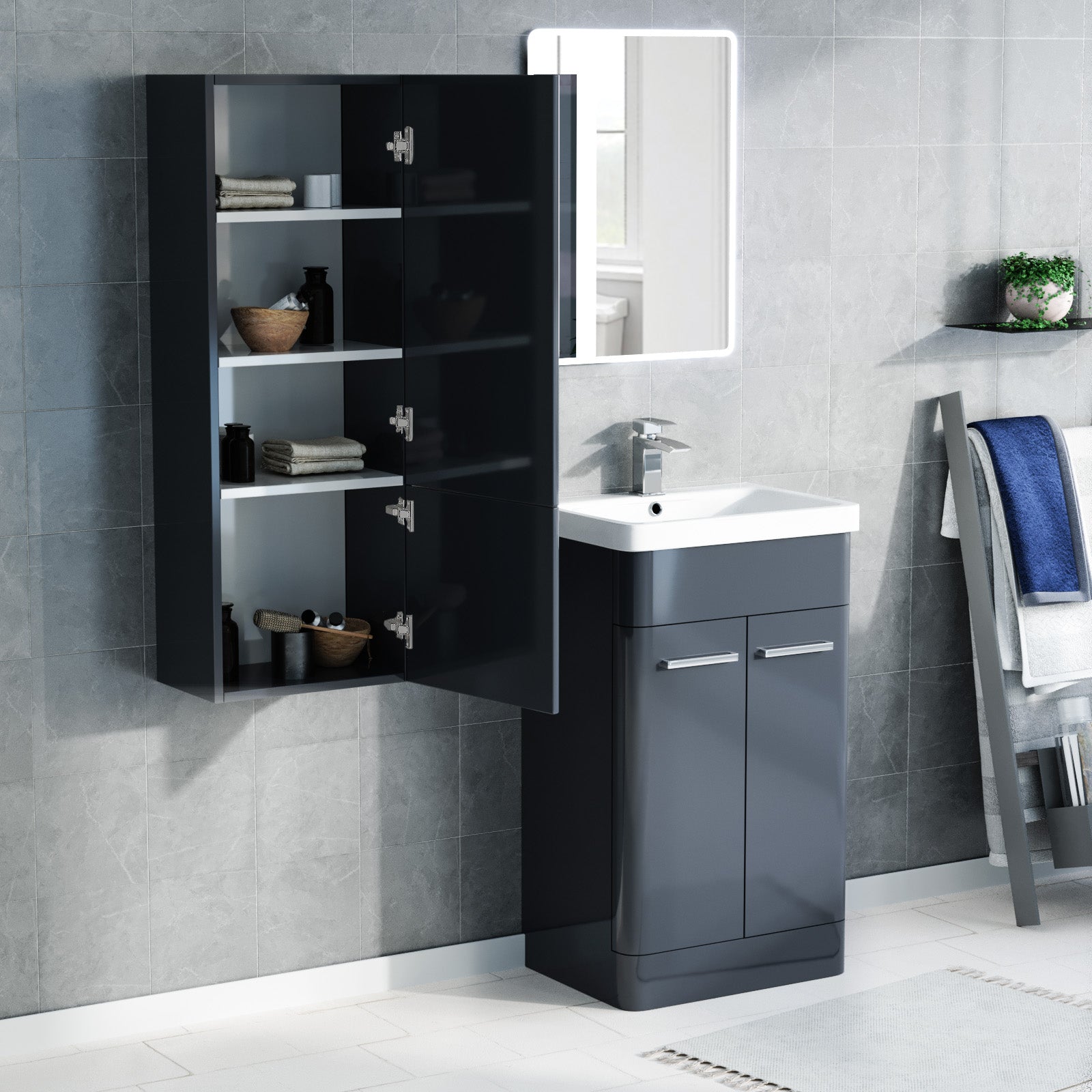 500mm Freestanding Dark Grey Basin Vanity, 350mm Wall Hung Tall Cabinet