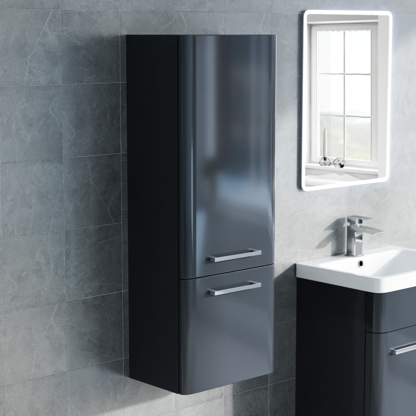 500mm Freestanding Dark Grey Basin Vanity, 350mm Wall Hung Tall Cabinet