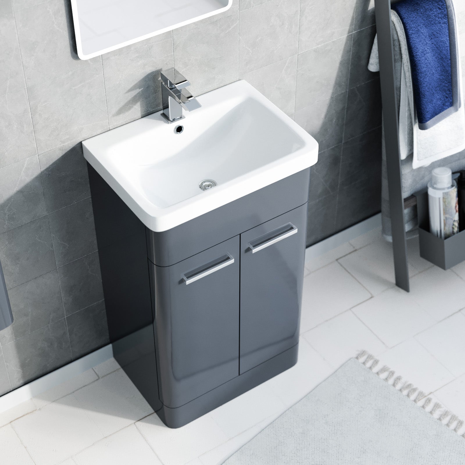 500mm Freestanding Dark Grey Basin Vanity, 350mm Wall Hung Tall Cabinet