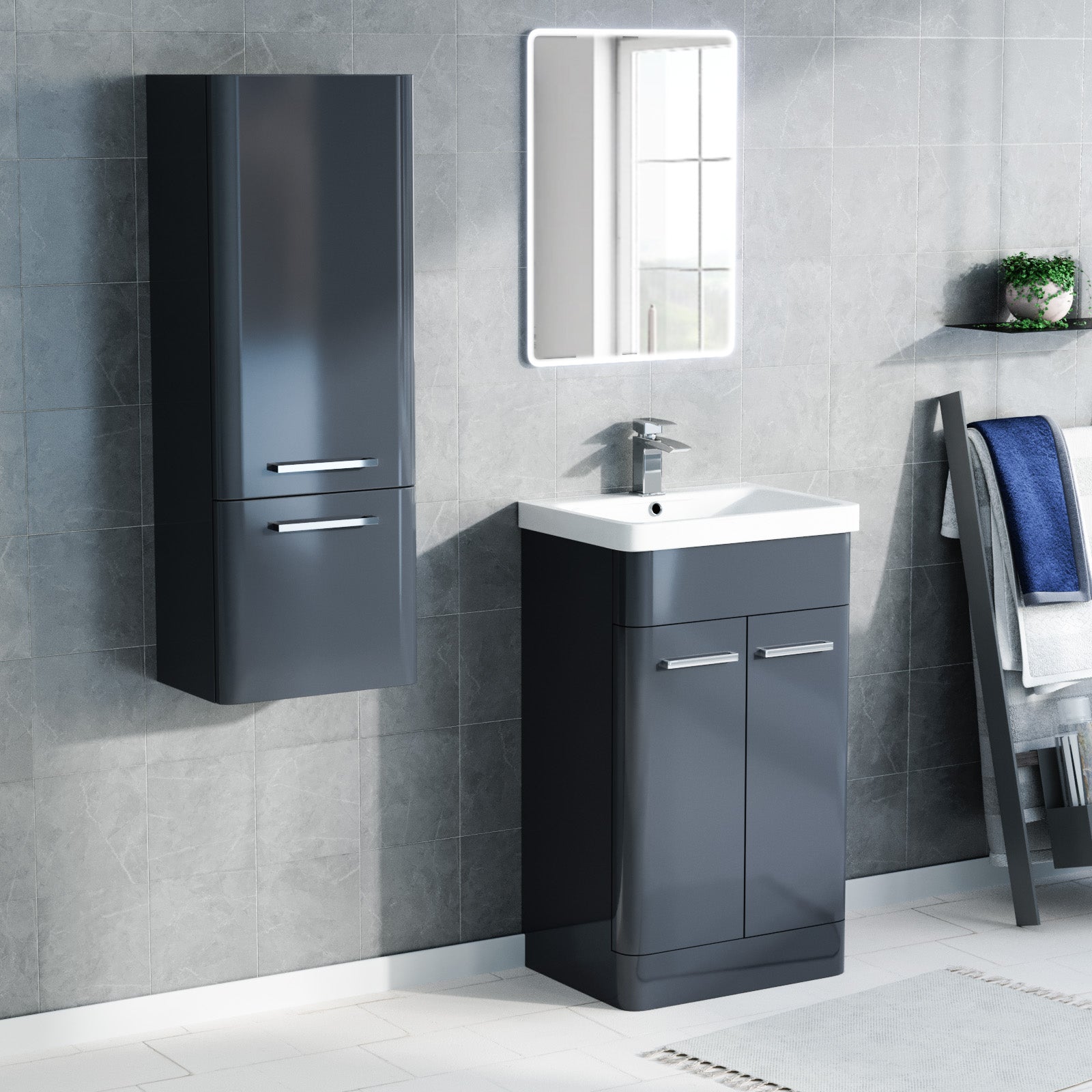 500mm Freestanding Dark Grey Basin Vanity, 350mm Wall Hung Tall Cabinet