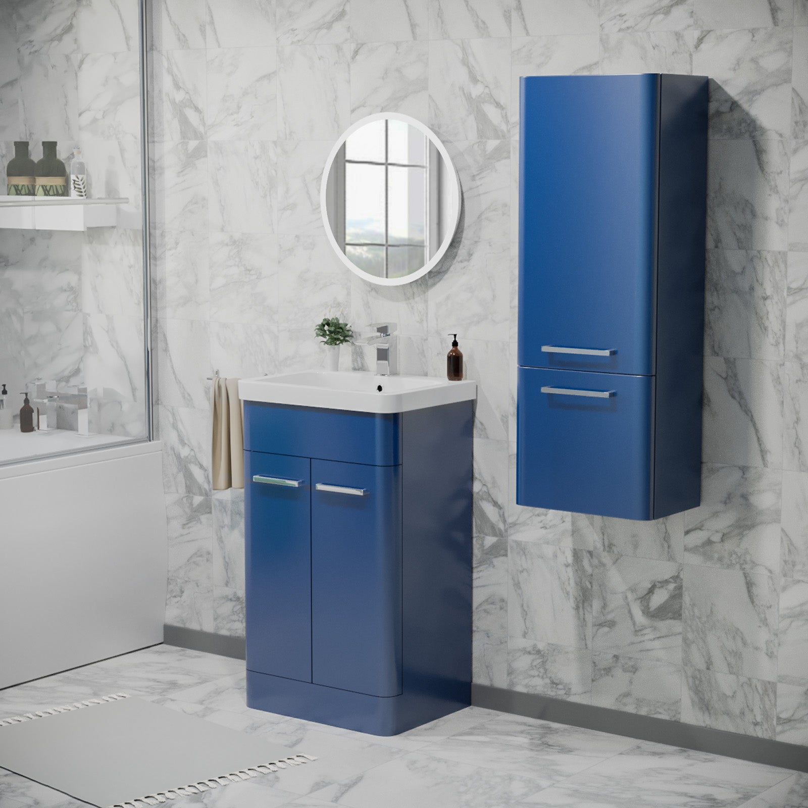Afern 500mm Freestanding Matte Blue Vanity & 350mm Wall Hung Cabinet