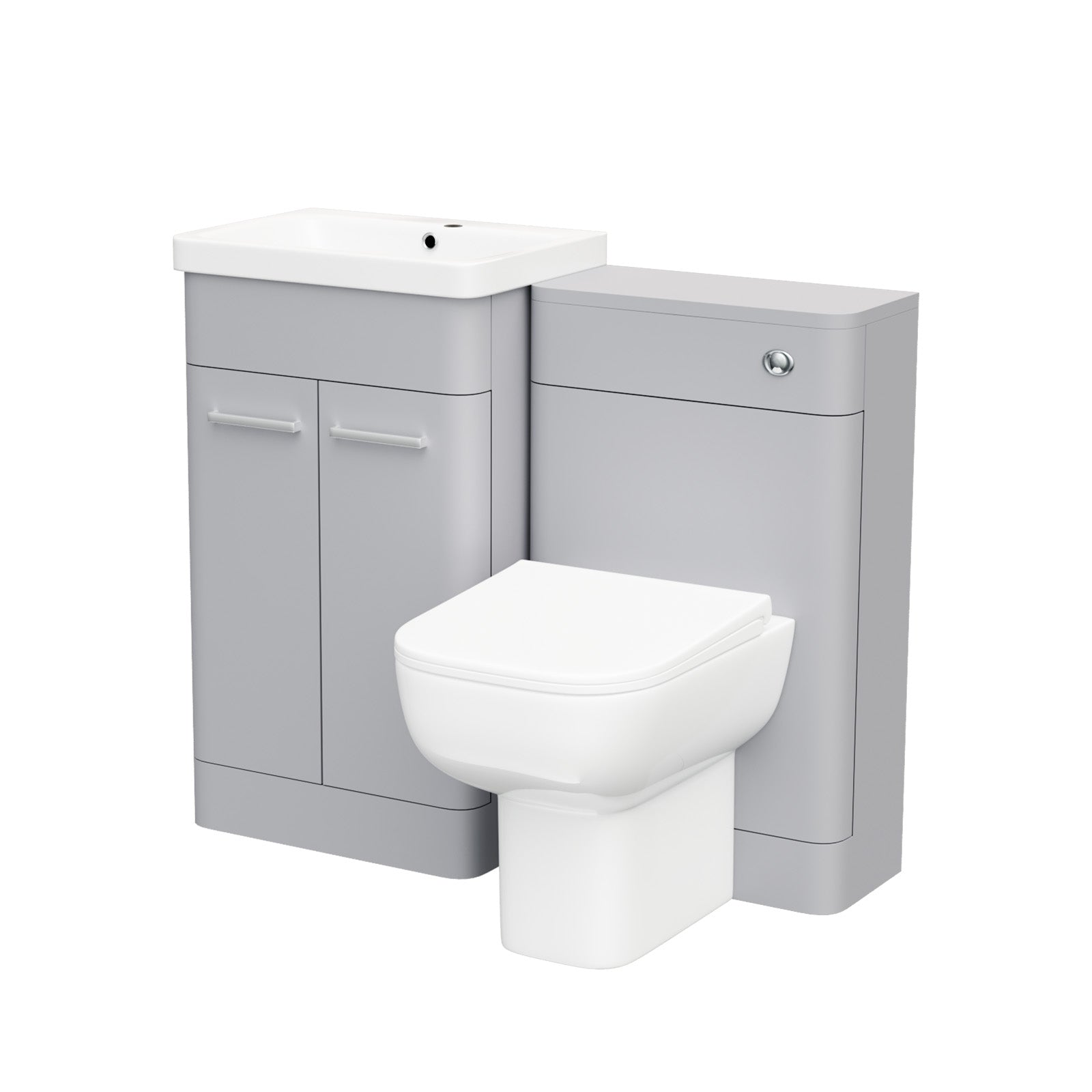 Gray bathroom vanity unit with white toilet and sink