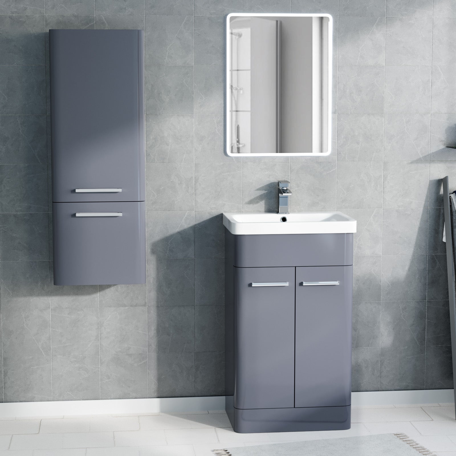 500mm Freestanding Grey Basin Vanity & 350mm Wall Hung Tall Cabinet Set