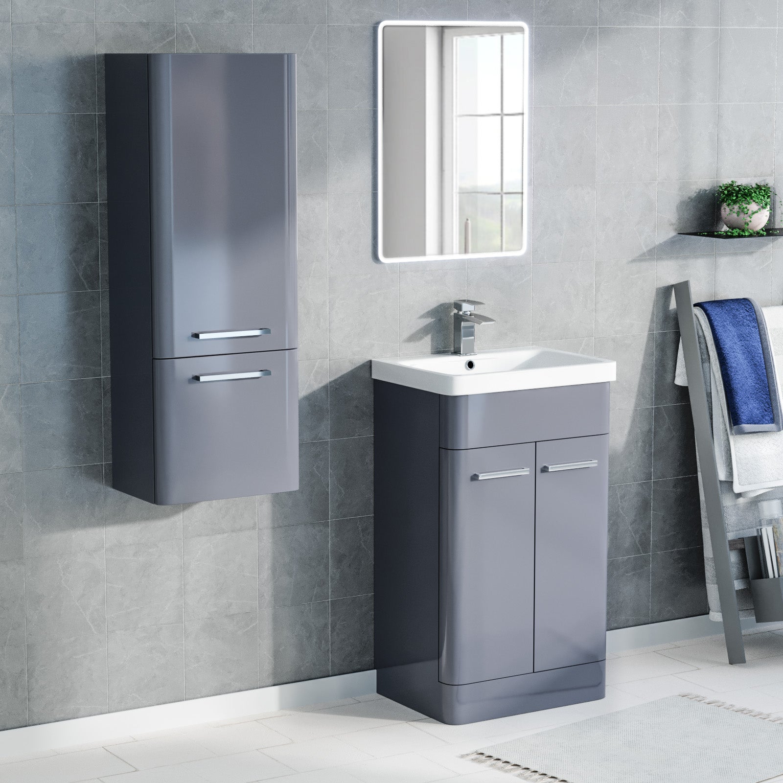 500mm Freestanding Grey Basin Vanity & 350mm Wall Hung Tall Cabinet Set