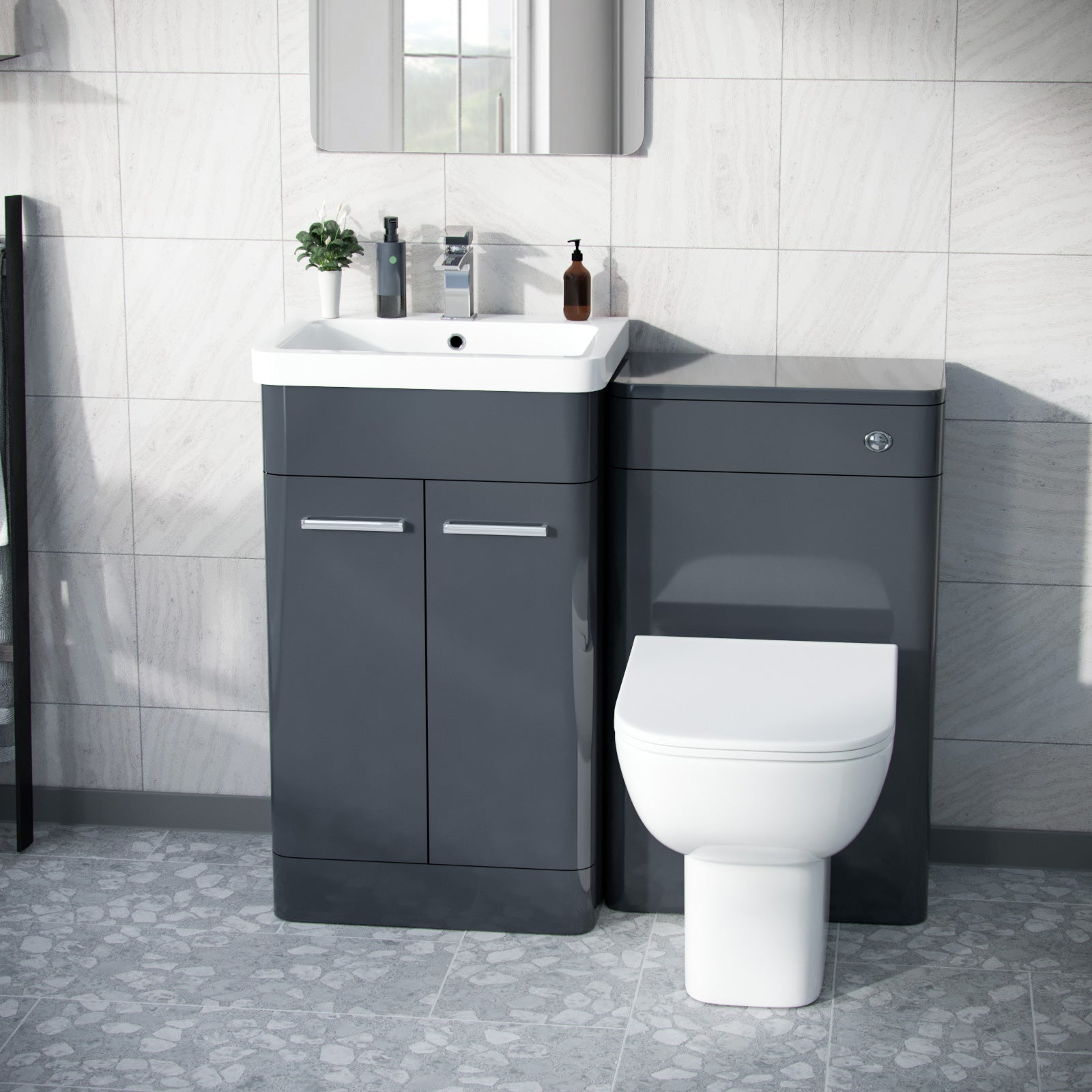 Afern Anthracite 500mm Basin Vanity WC Unit & Rimless Back to Wall Toilet