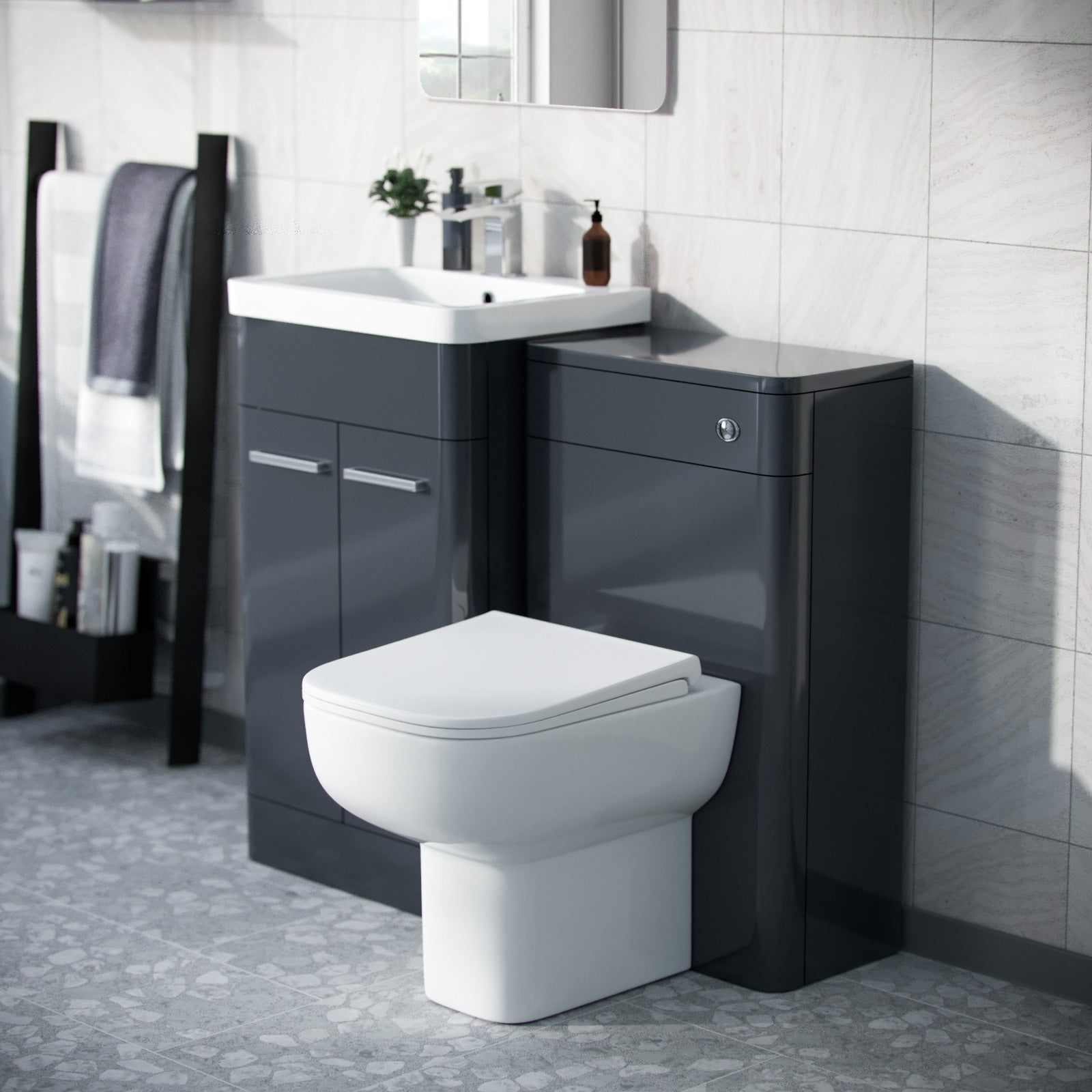 Afern Anthracite 500mm Basin Vanity WC Unit & Rimless Back to Wall Toilet