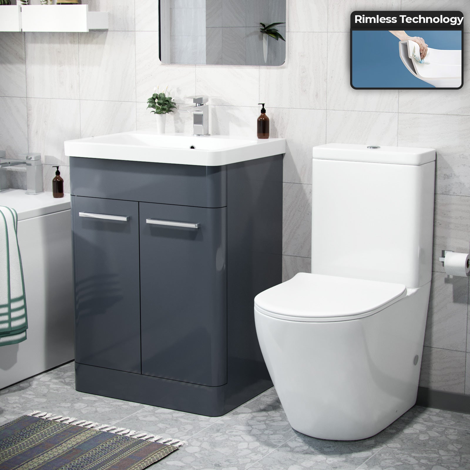 Afern 600mm Freestanding Vanity Unit, Curved Rimless Close Coupled Toilet Anthracite