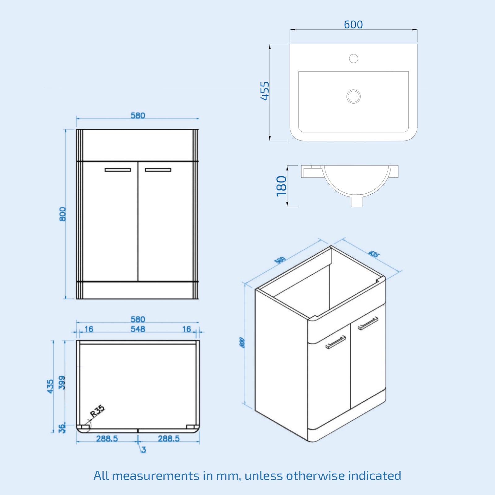 Afern Matte Grey 600mm Freestanding Vanity WC Unit & Square Toilet Flat Pack