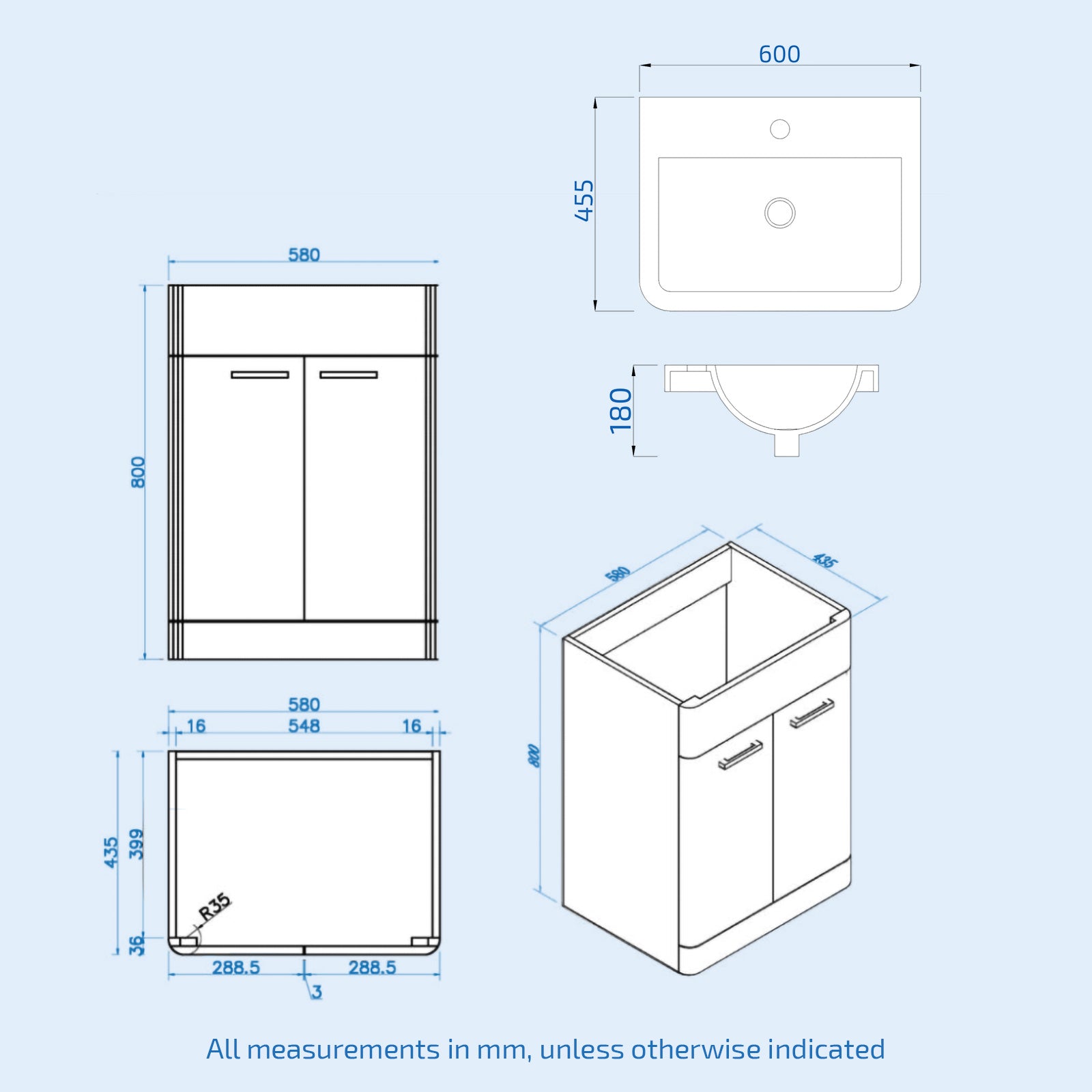 Afern 600mm Freestanding Vanity Unit Cabinet and Wash Basin Royal Blue