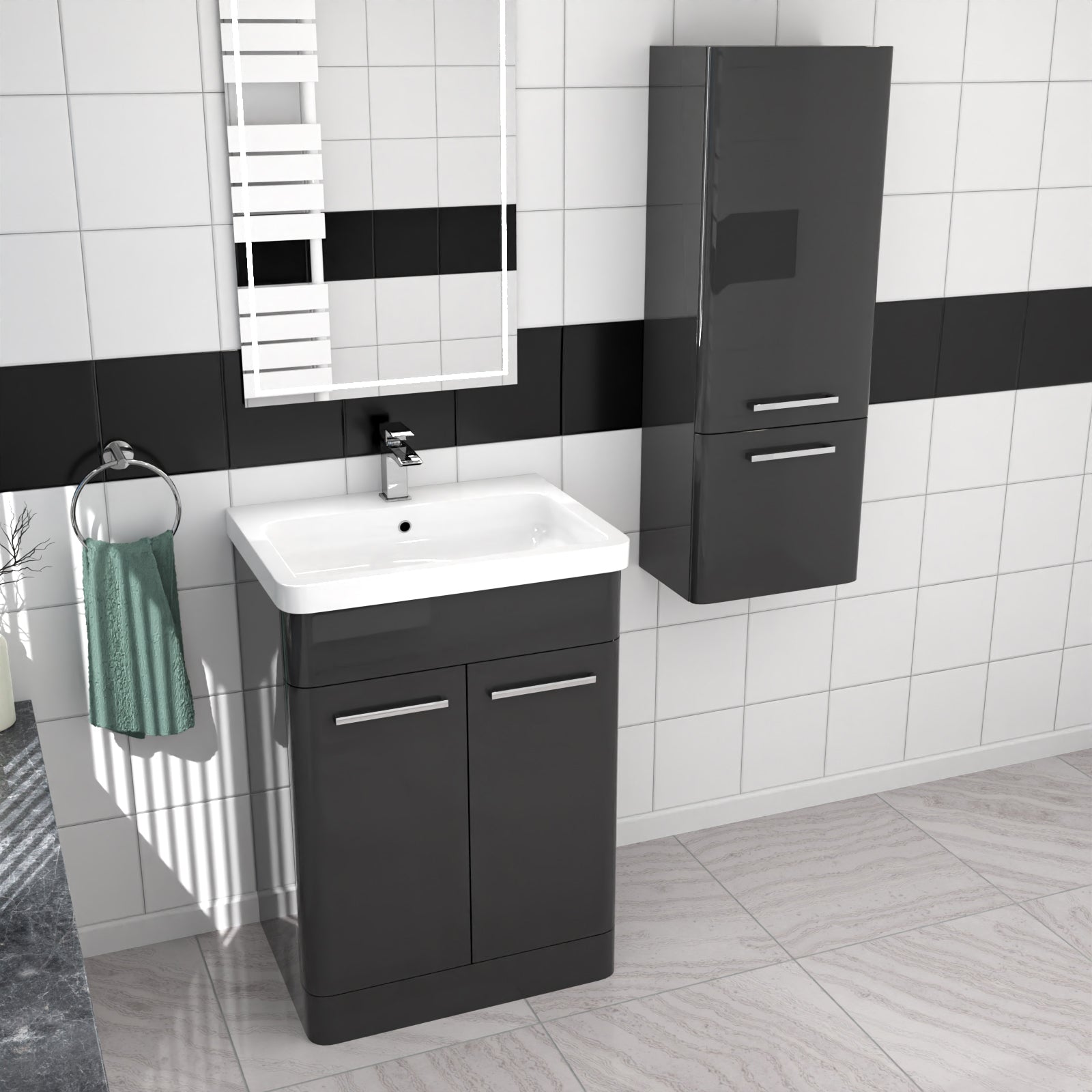 600mm Freestanding Dark Grey Basin Vanity & 350mm Wall Hung Cabinet