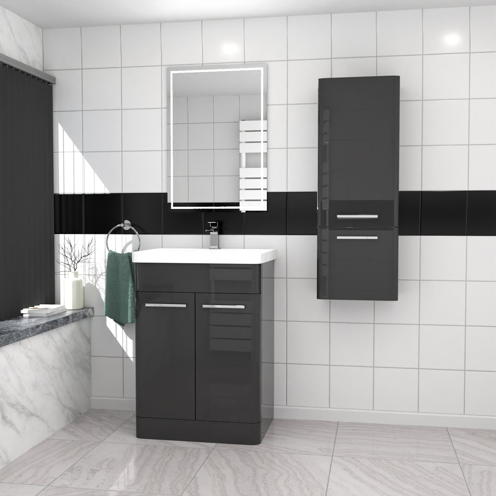 600mm Freestanding Dark Grey Basin Vanity & 350mm Wall Hung Cabinet