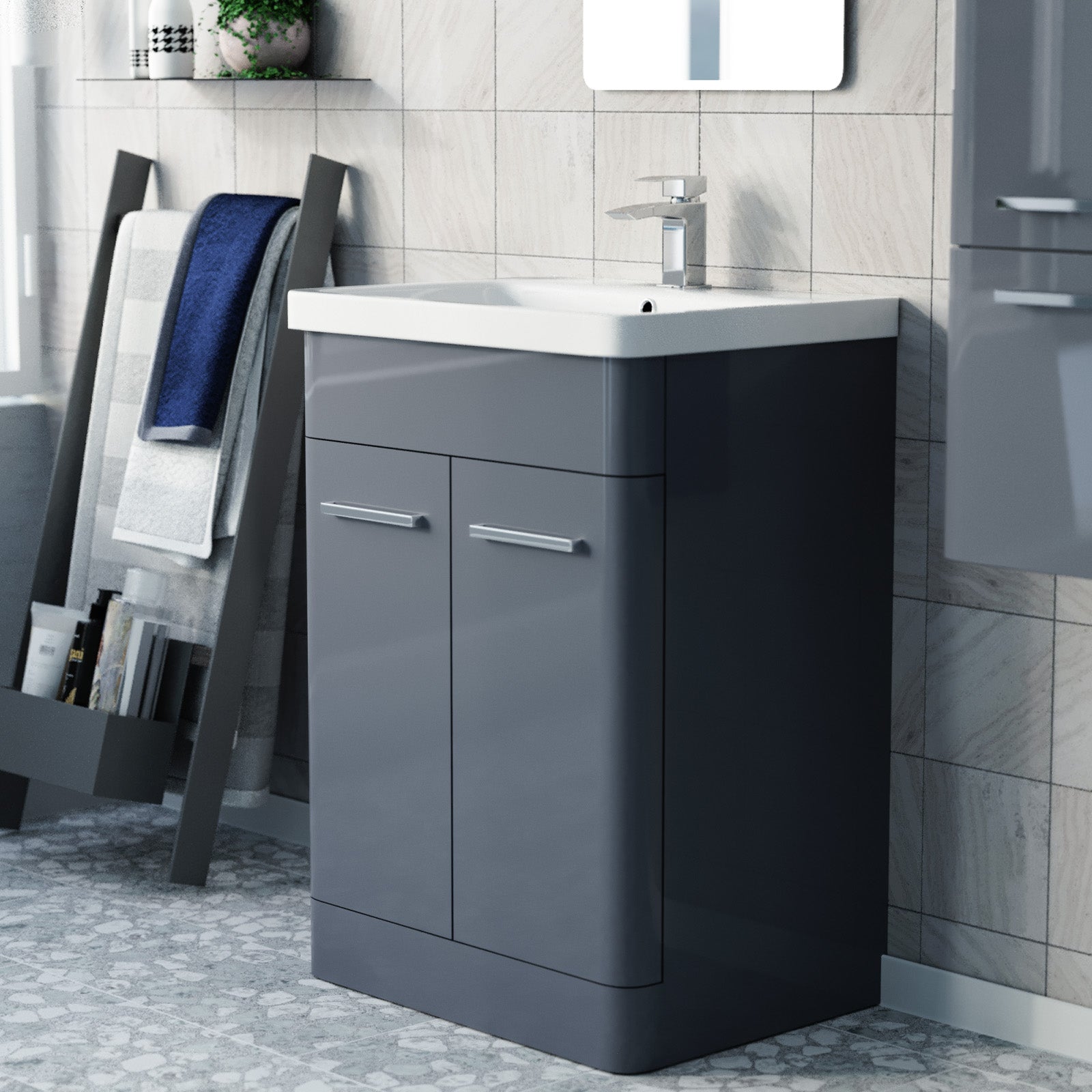 Afern 600mm Freestanding Dark Grey Basin Vanity & 350mm Wall Hung Cabinet