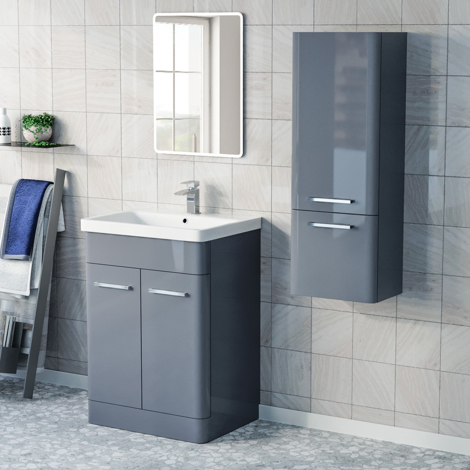 Afern 600mm Freestanding Dark Grey Basin Vanity & 350mm Wall Hung Cabinet