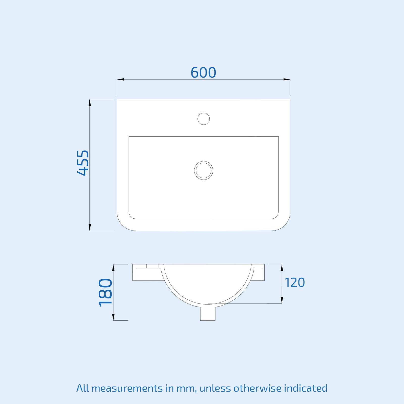 600mm White Ceramic Mid-Edge Basin, Single Tap Hole and Overflow