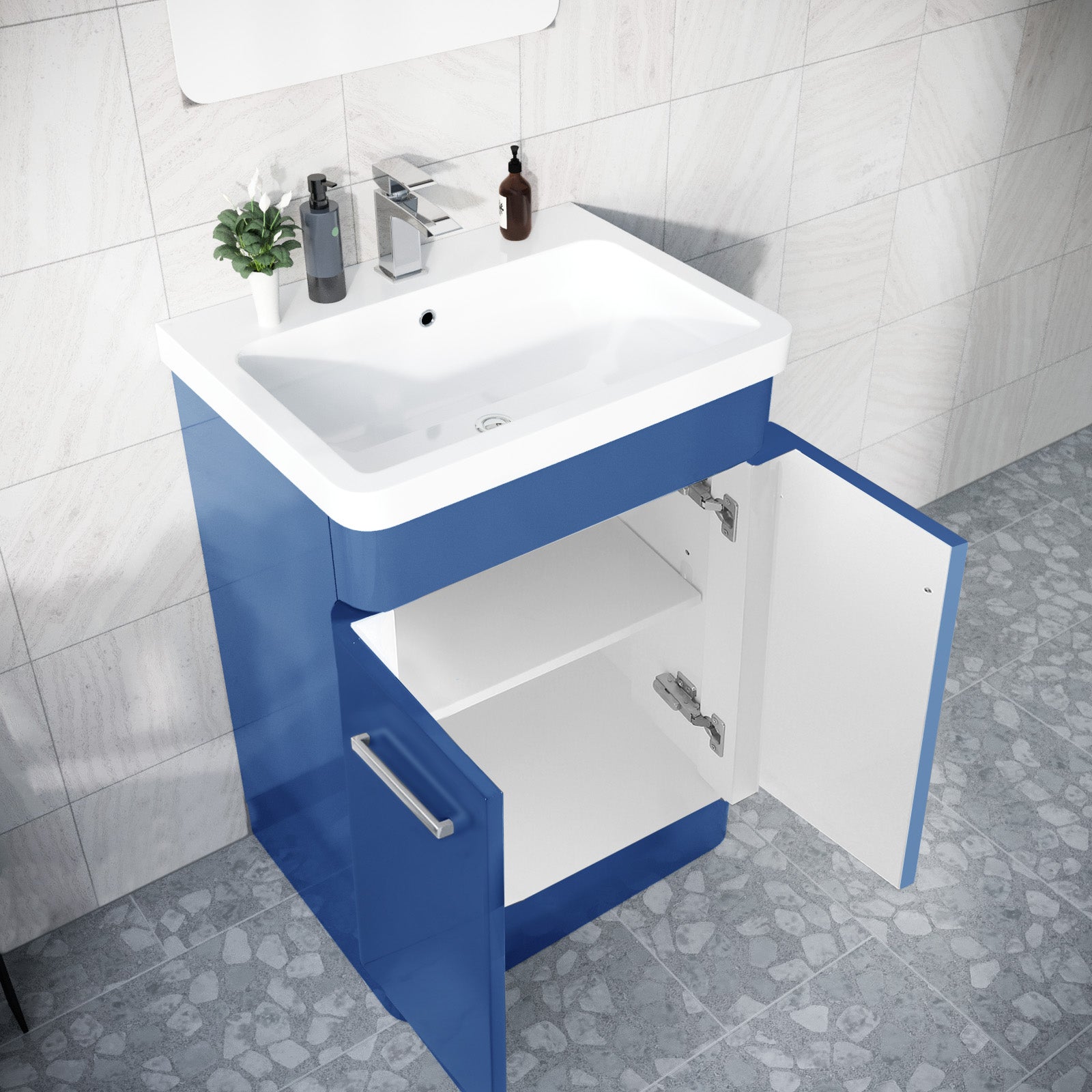 Afern 600mm Freestanding Matte Blue Basin Vanity & 350mm Wall Hung Cabinet