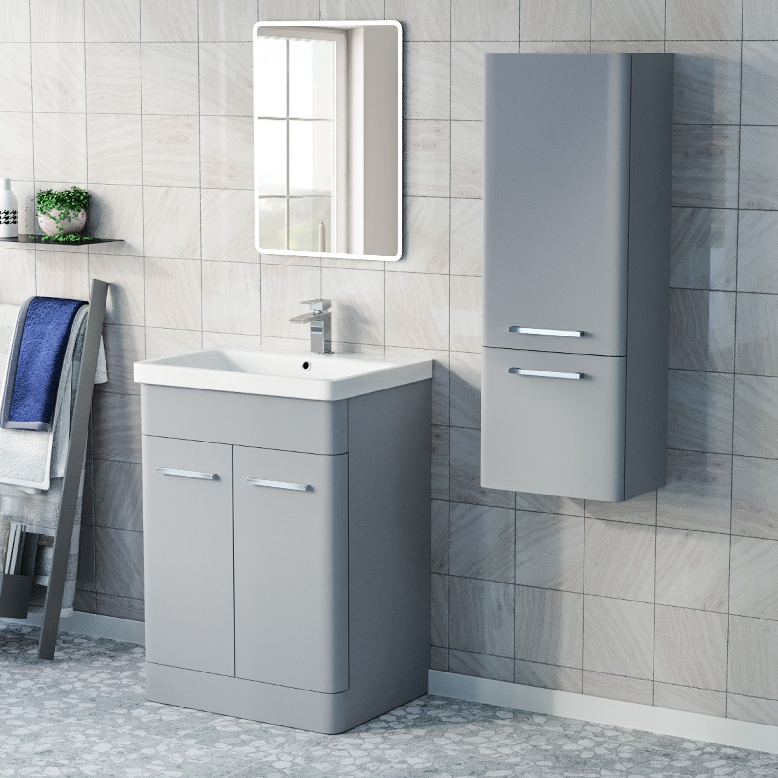 Afern 600mm Freestanding Matte Grey Basin Vanity & 350mm Wall Hung Cabinet